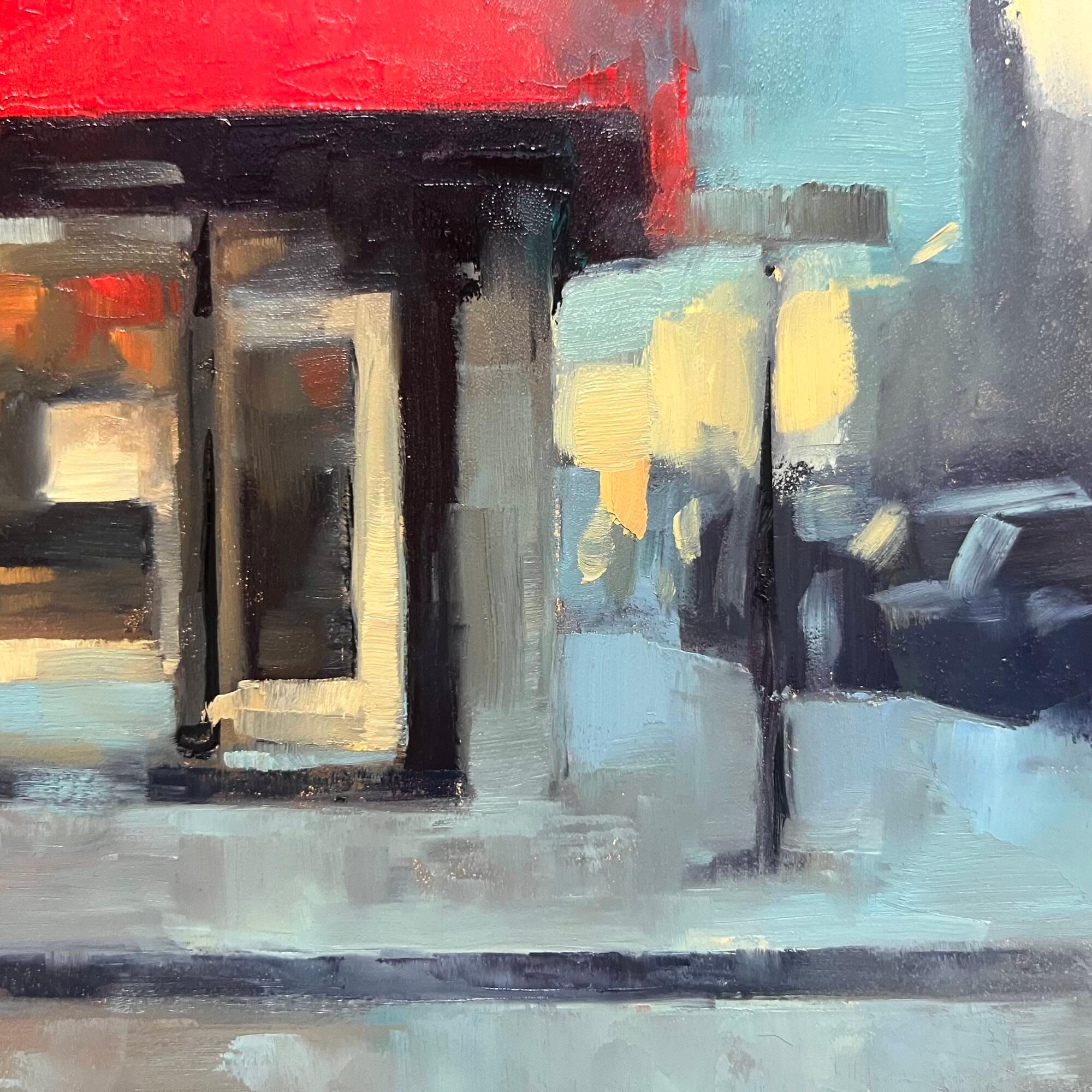 Small urban painting vibrant city scene original oil painting - Gray Landscape Painting by Christina Kent