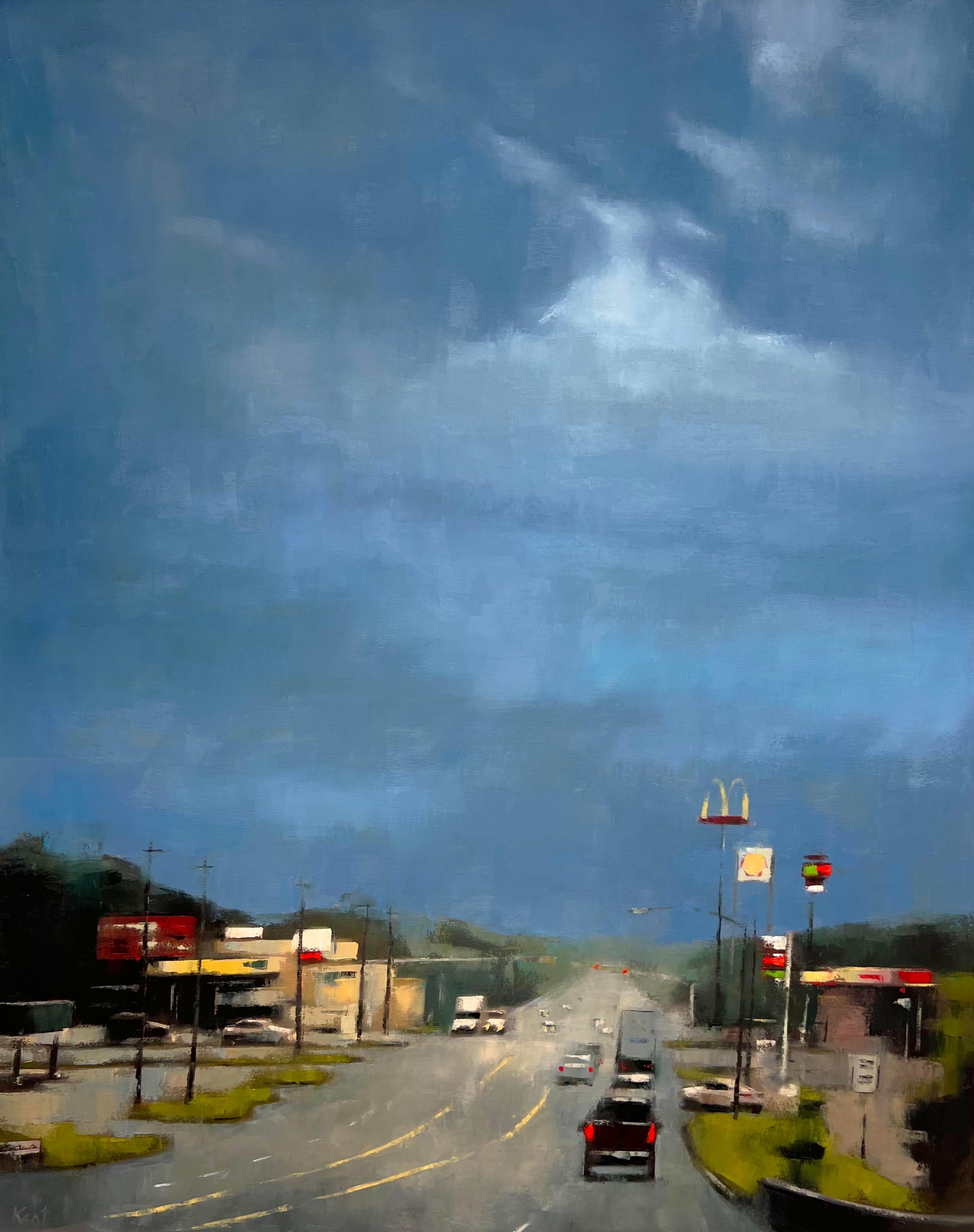 Texas Storm — Large-Scale Oil Painting of a Stormy Highway Road Trip - Blue Landscape Painting by Christina Kent