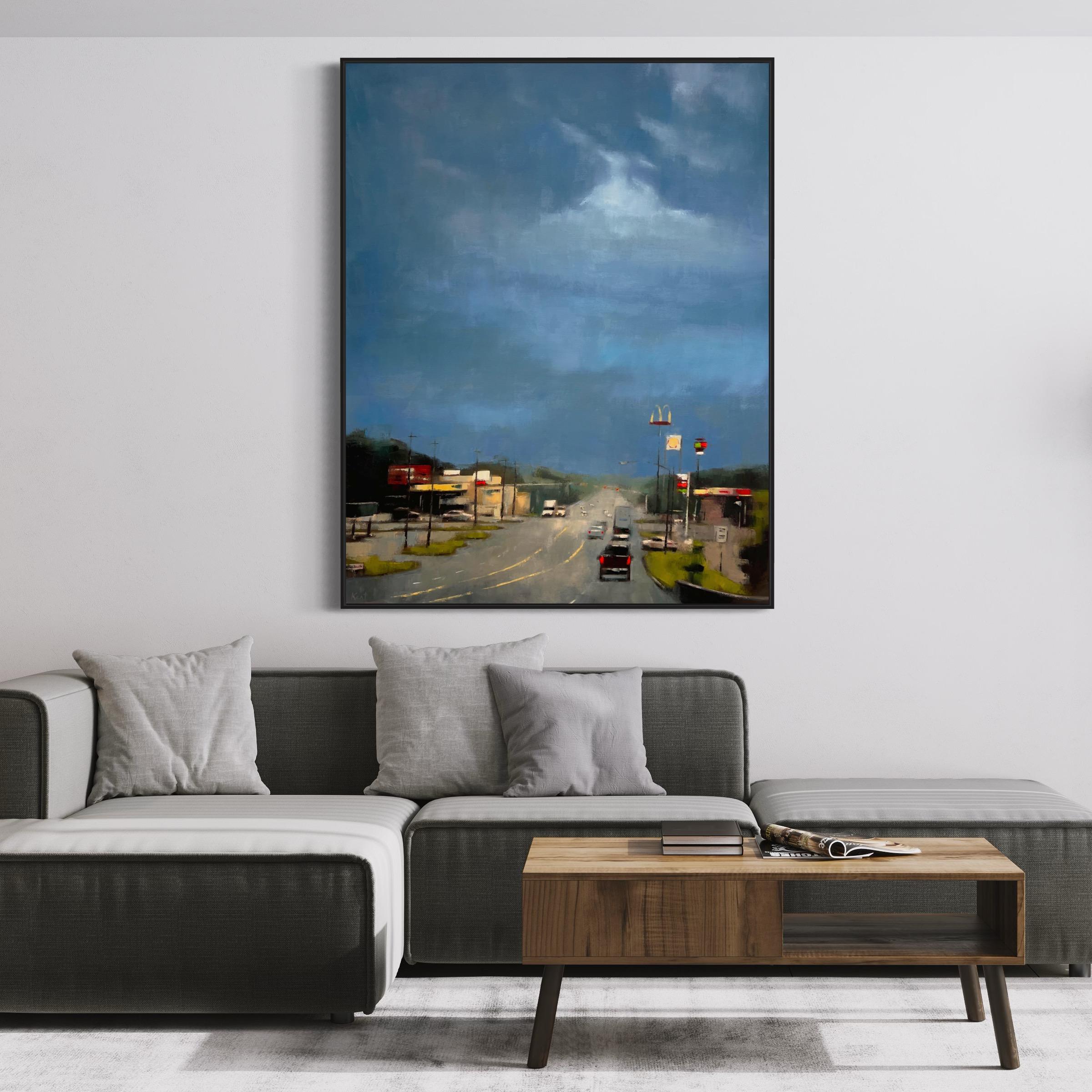 Texas Storm is a striking large-scale oil painting by Christina Kent, measuring 60 x 48 inches. This richly textured work captures the cinematic drama of an approaching storm over a classic Texas highway. Deep blue storm clouds tower above a highway
