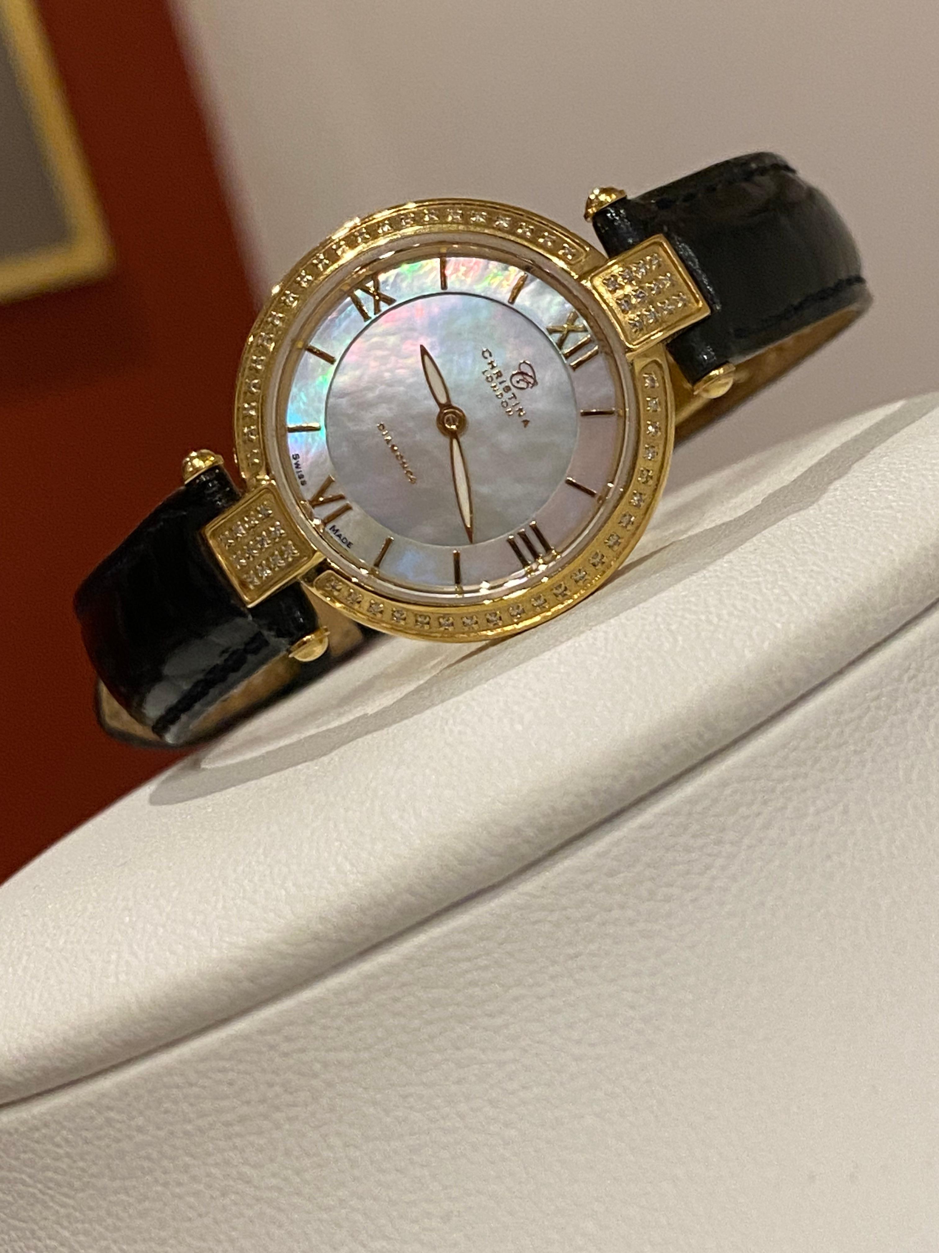Reloj de señora Christina London con bisel de diamantes y esfera iridiscente chapado en oro de 18 quilates Moderno