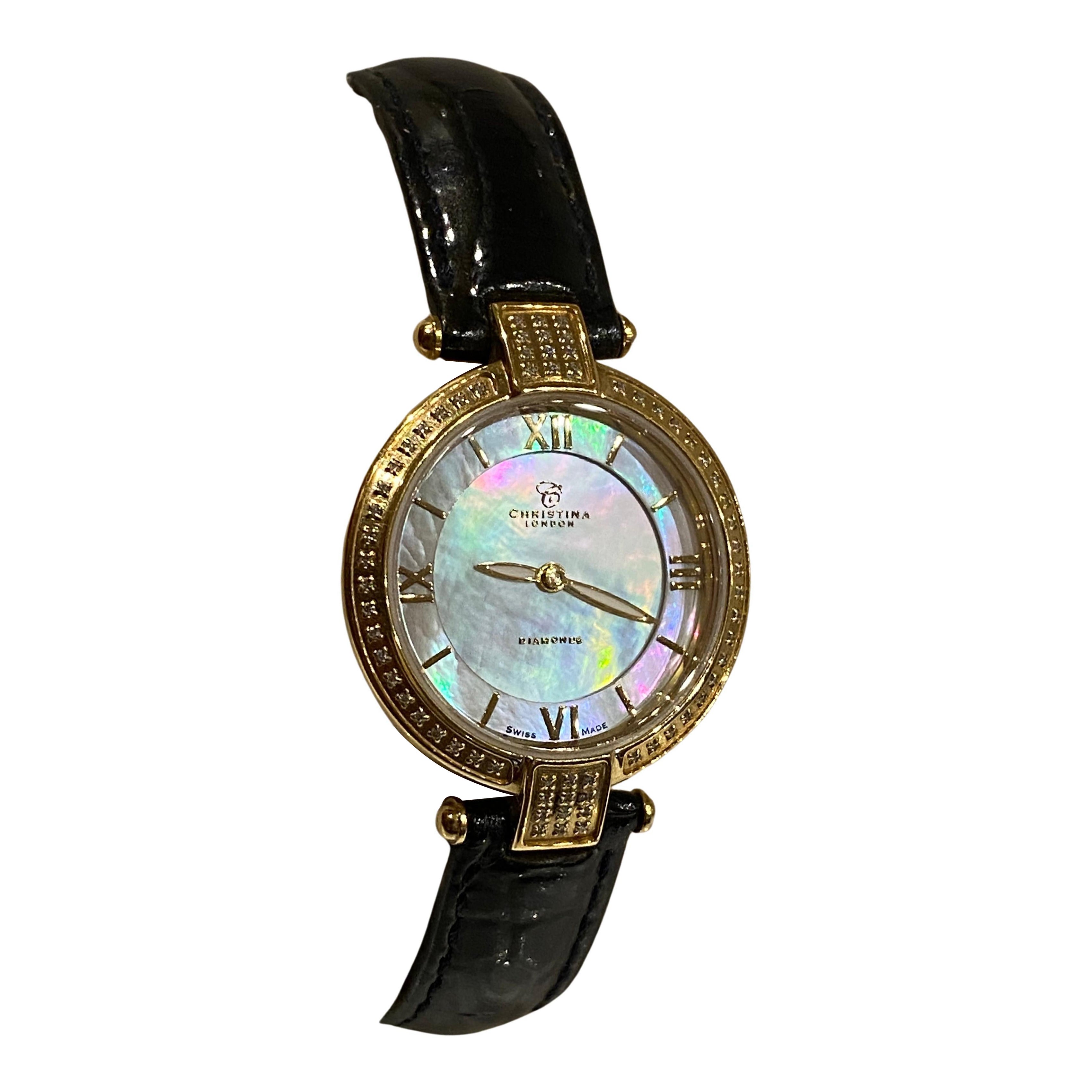 Christina London Orologio da donna con lunetta di diamanti e quadrante iridescente placcato oro 18 carati