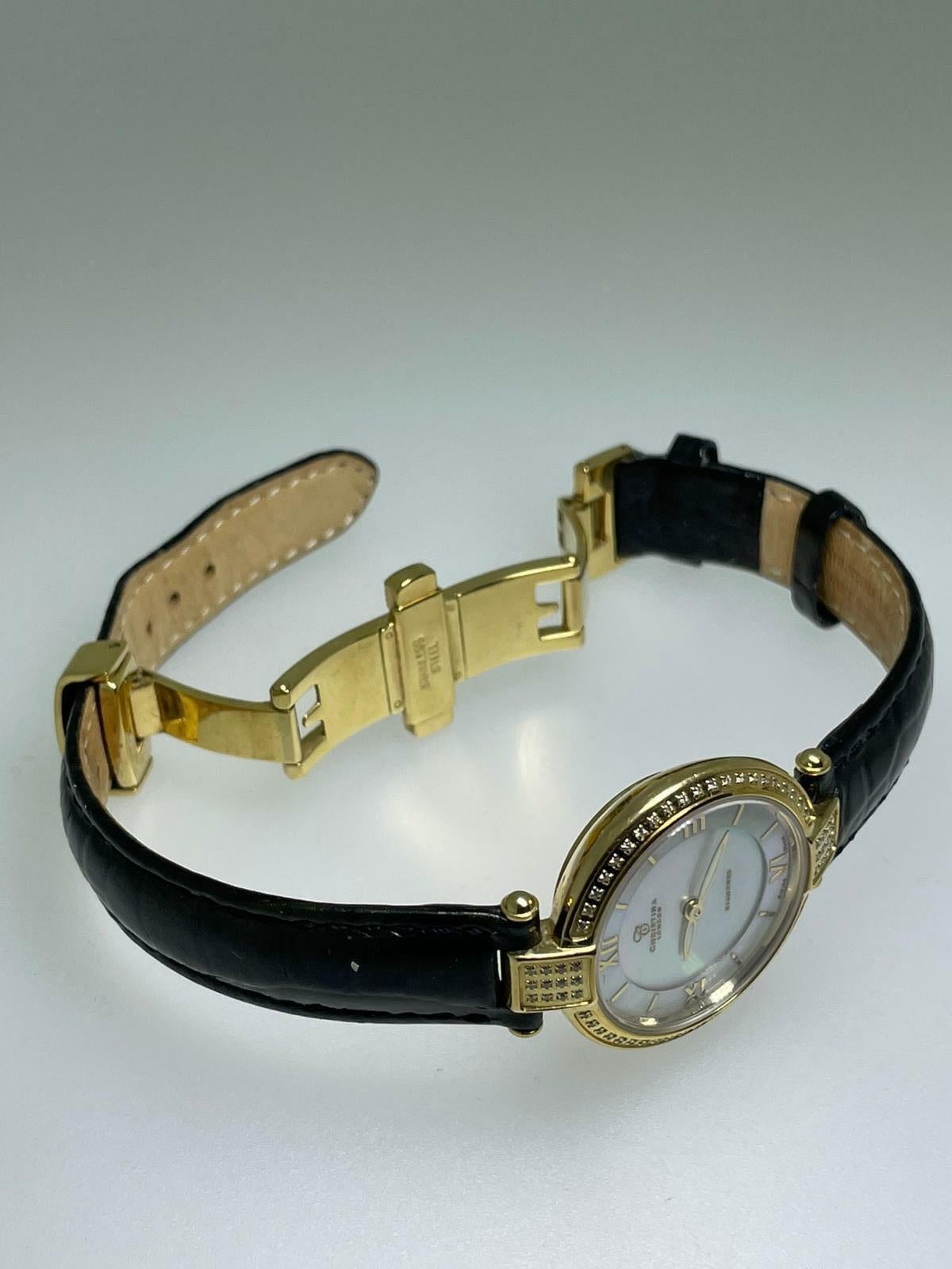Christina London 18 Karat vergoldete Damenuhr mit Diamant-Lünette und schillerndem Zifferblatt (Moderne) im Angebot
