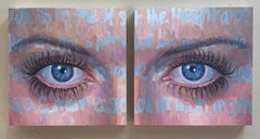 Betty Davis Eyes Huile sur panneau de Christina Major Diptyque 16 x 32