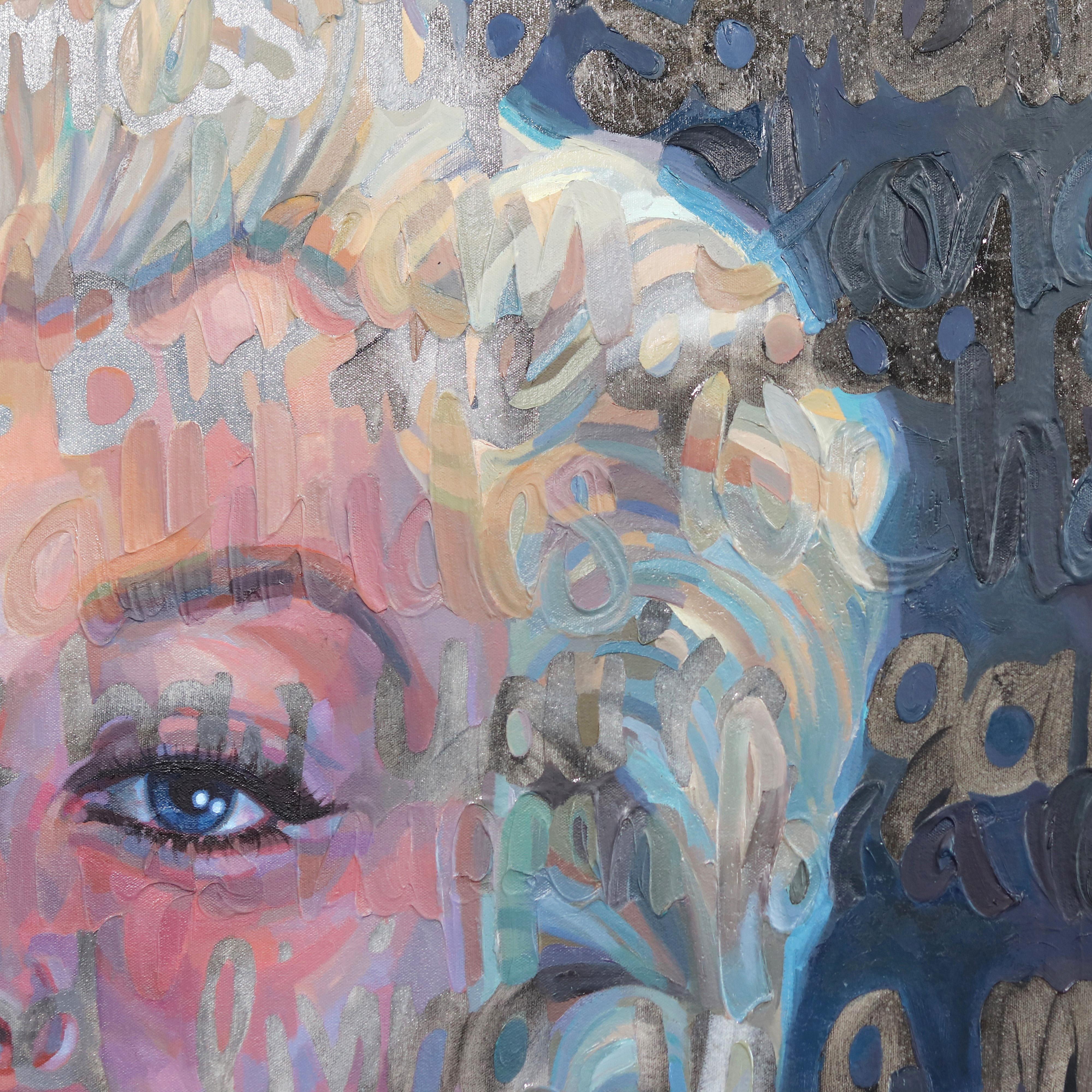 Marilyn Monroe - Strong Women - Textural Oil Painting and Image Immersed in Text - Black Figurative Painting by Christina Major