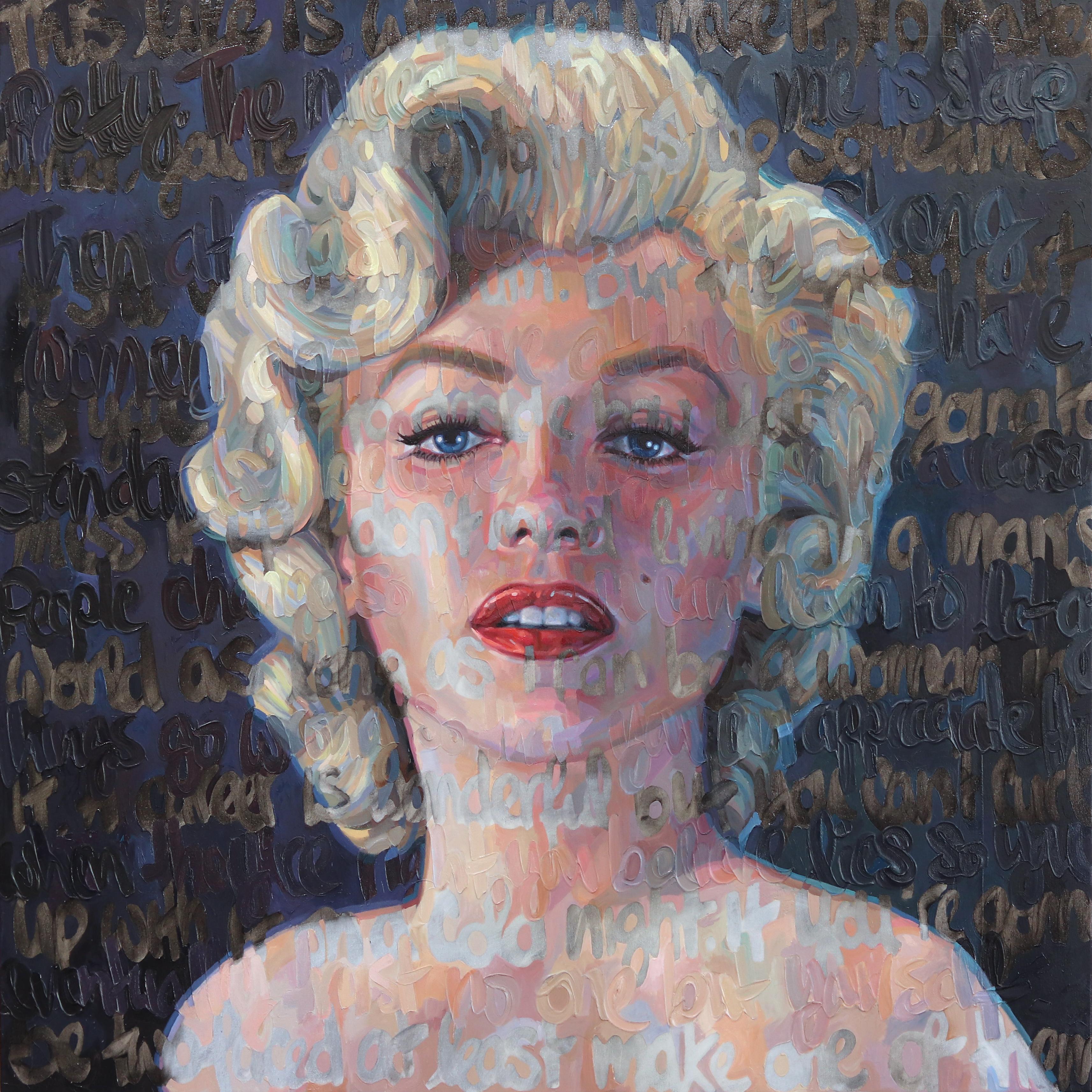 Figurative Painting Christina Major - Marilyn Monroe - Strong Women - Peinture à l'huile texturée et image immergée dans le texte