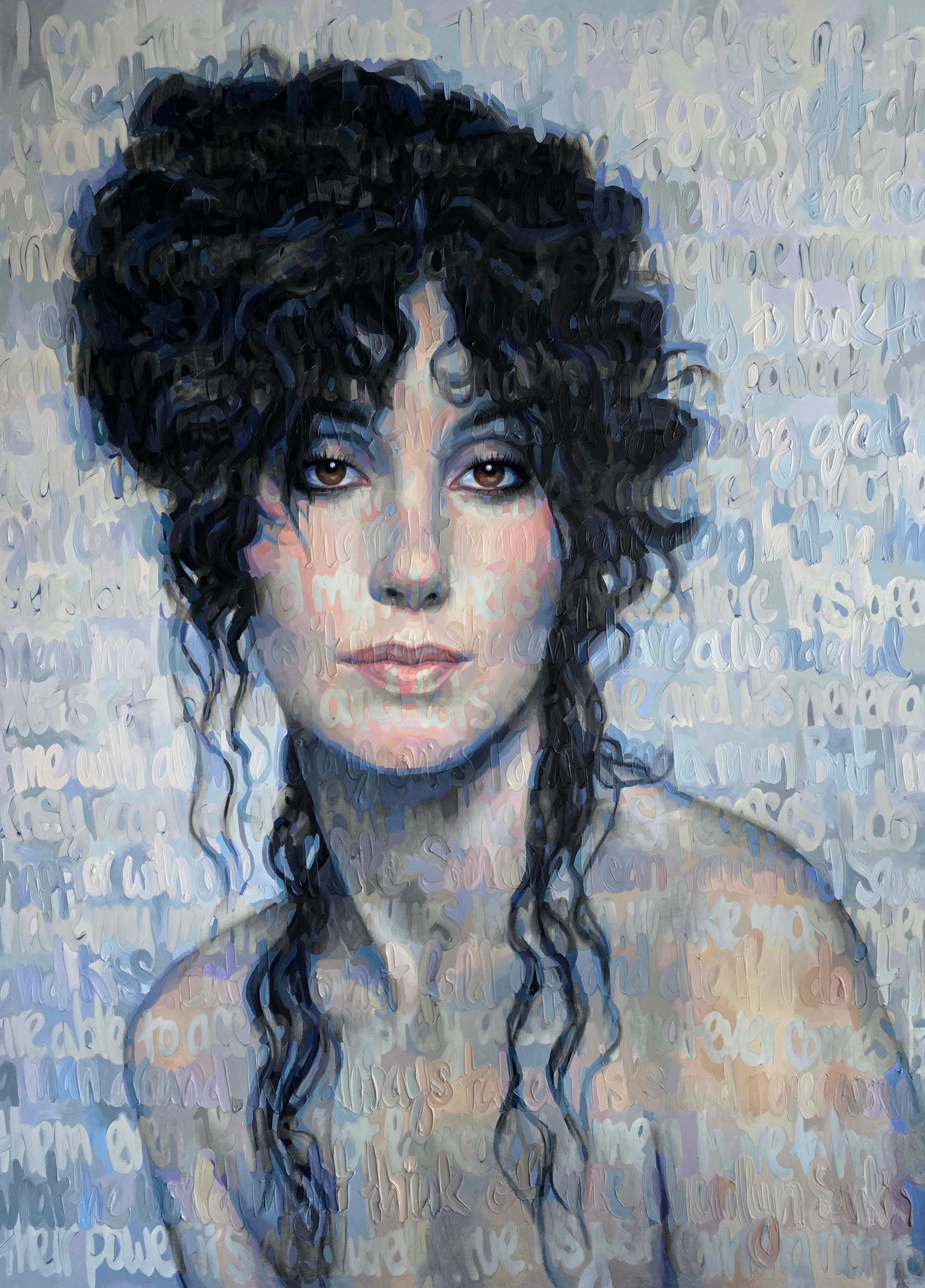 Words within painting:

I can trust my friends. These people force me to 
examine myself, encourage me to grow. All of us 
invent ourselves. Some of us just have more imagina
tion than others. Honesty makes me feel powerful in 
a difficult world. I