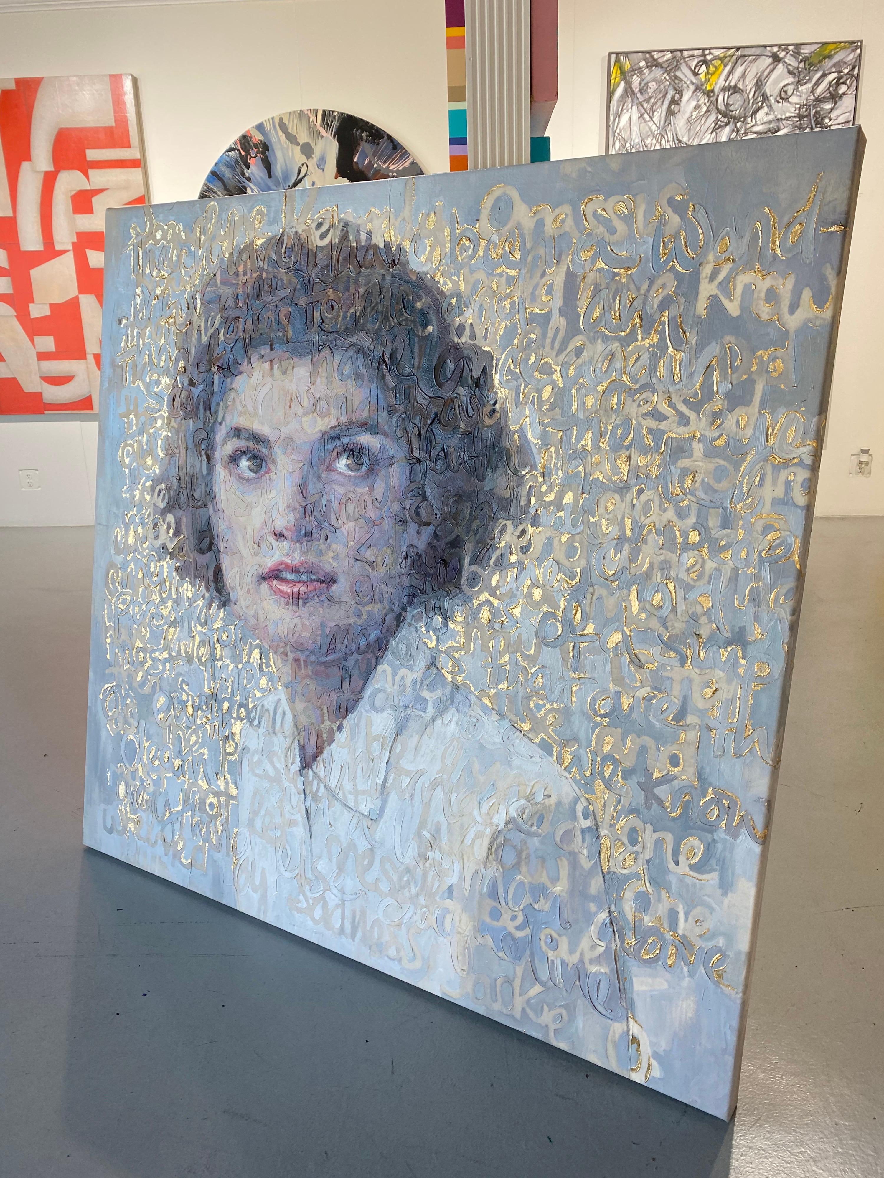 Oil on Canvas of Jackie O with Gold Leaf - Gray Abstract Painting by Christina Major