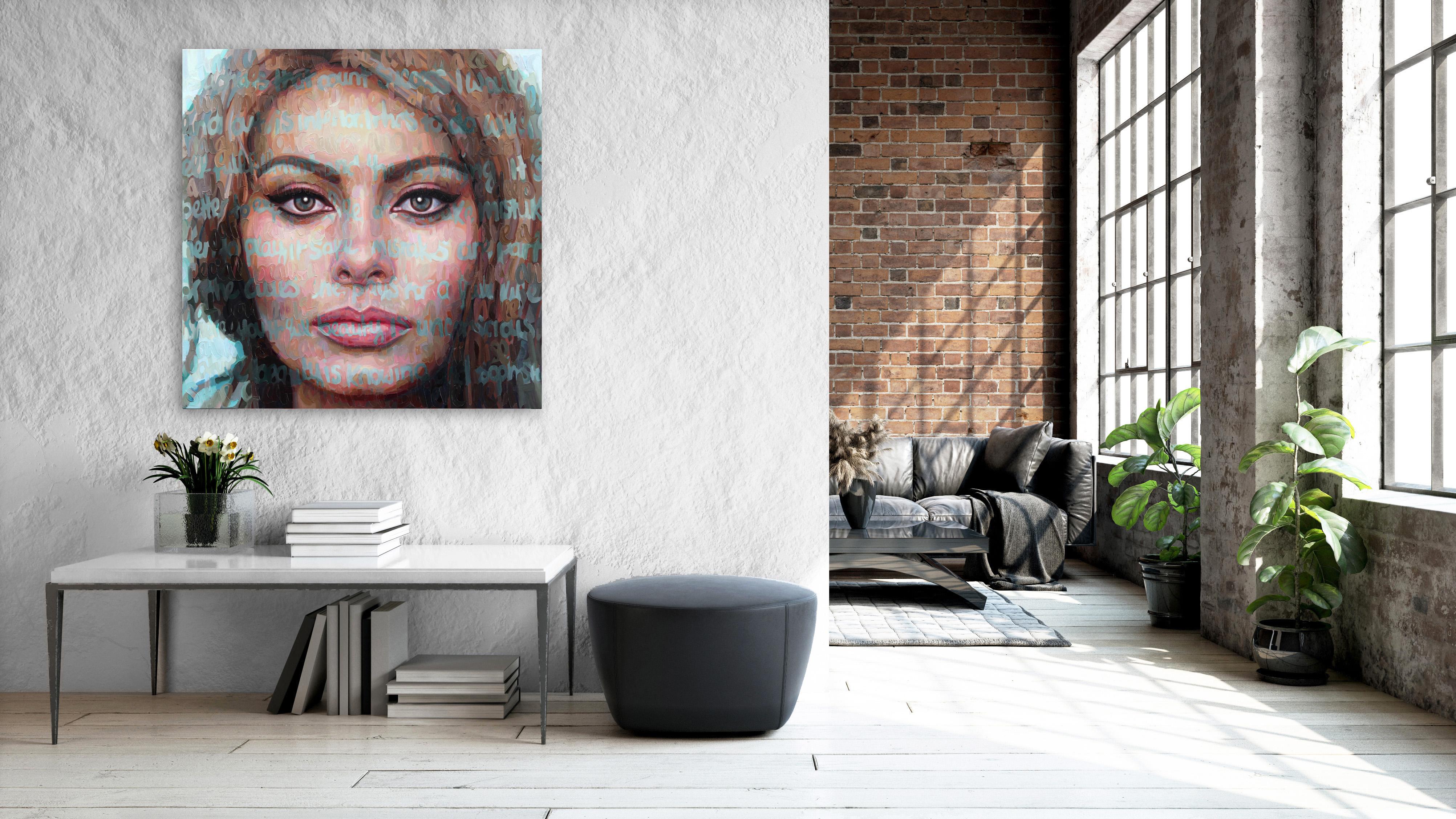 Sophia Loren - Cherish it - Texturiertes Ölgemälde und in Text eingetauchtes Bild – Painting von Christina Major