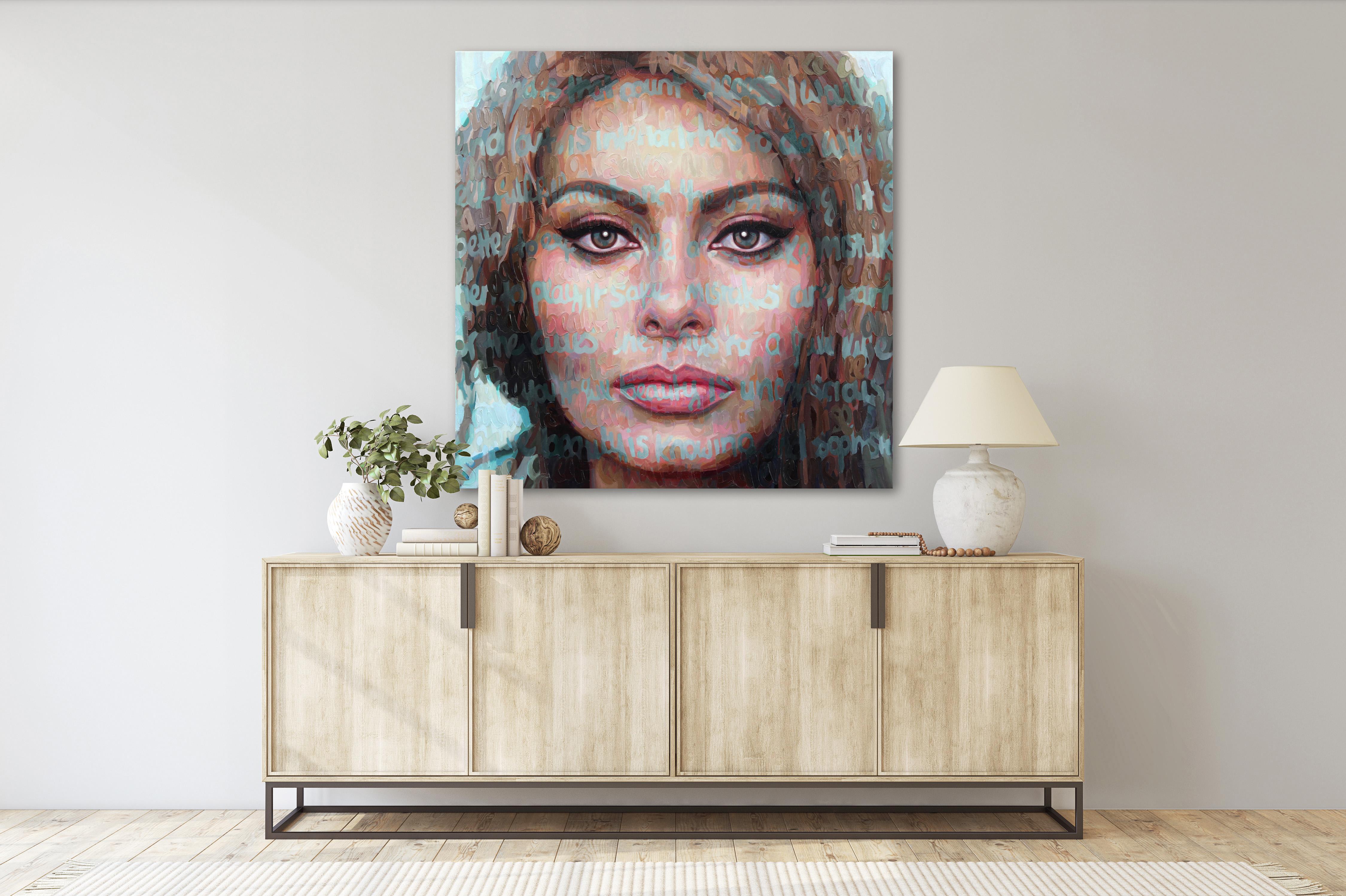 Sophia Loren - Cherish it - Textural Oil Painting and Image Immersed in Text For Sale 1