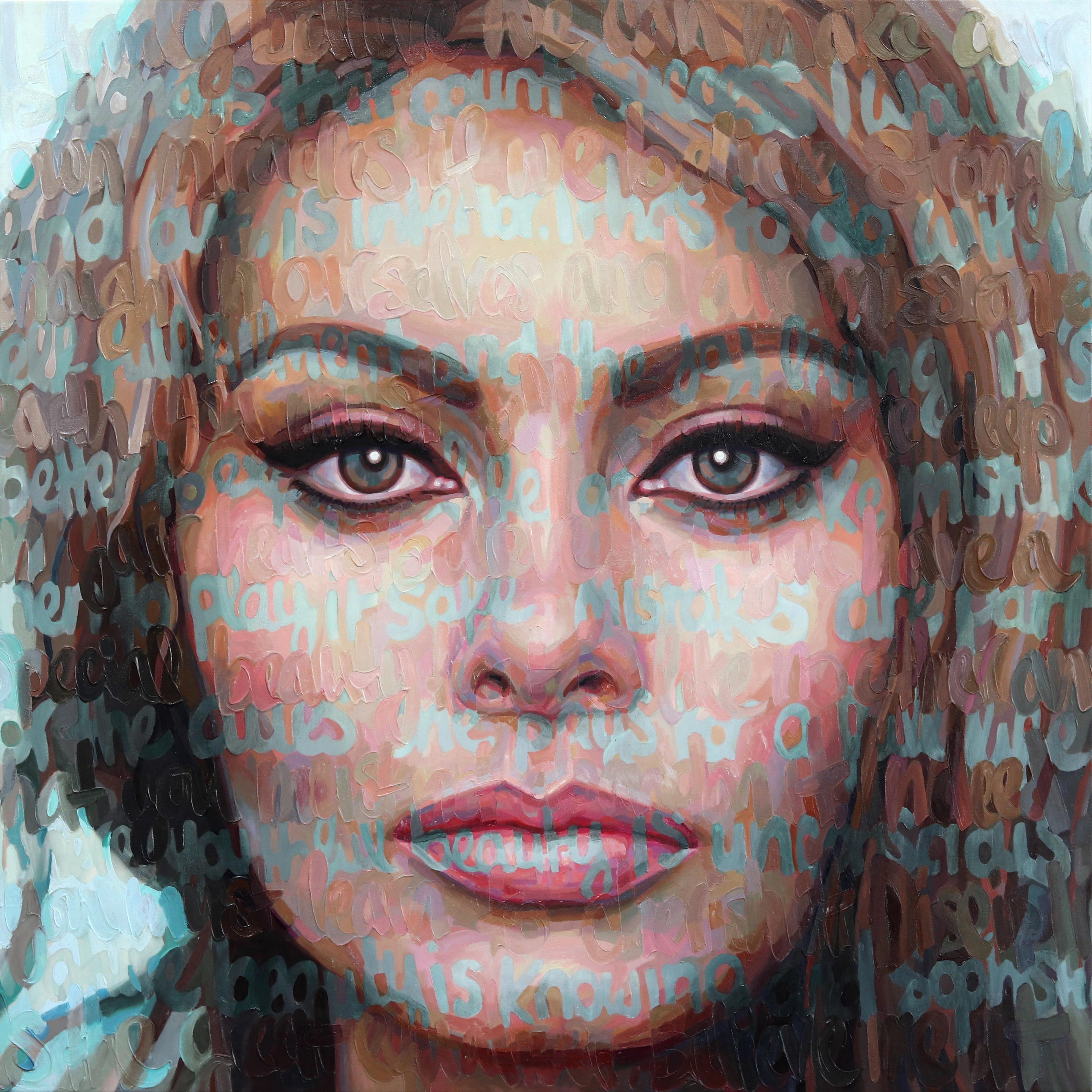 Figurative Painting Christina Major - Sophia Loren - L'huile texturée et l'image immergée dans le texte