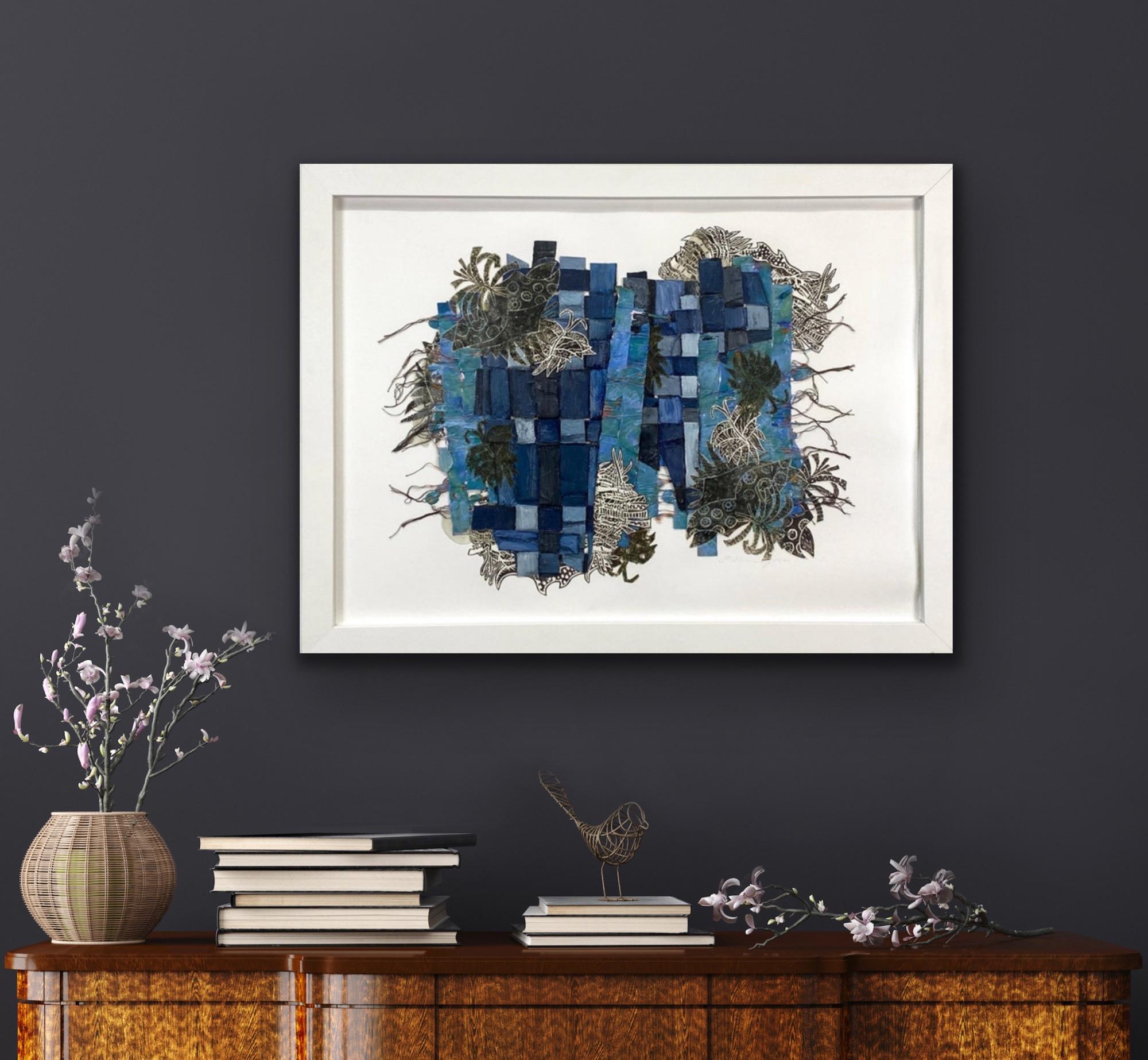 April Showers, textural blue painting, linocut collage - Abstract Painting by Christina Massey