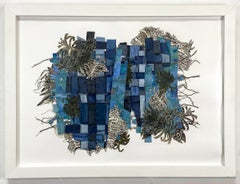 April Showers, textural blue painting, linocut collage