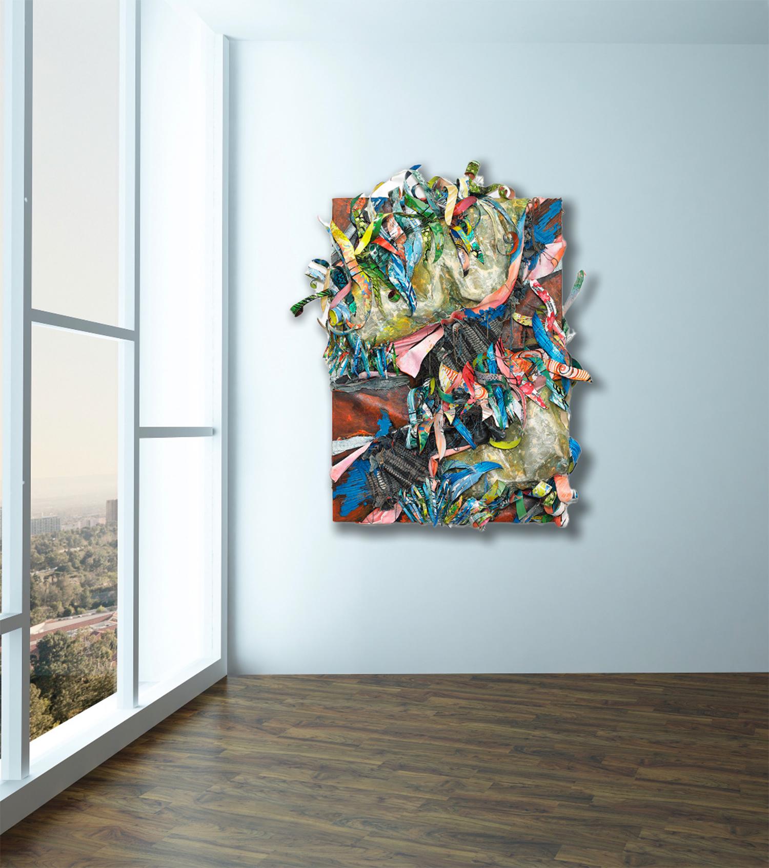 Sculptural abstract painting in red blue and green with repurposed materials - Painting by Christina Massey