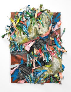 Sculptural abstract painting in red blue and green with repurposed materials