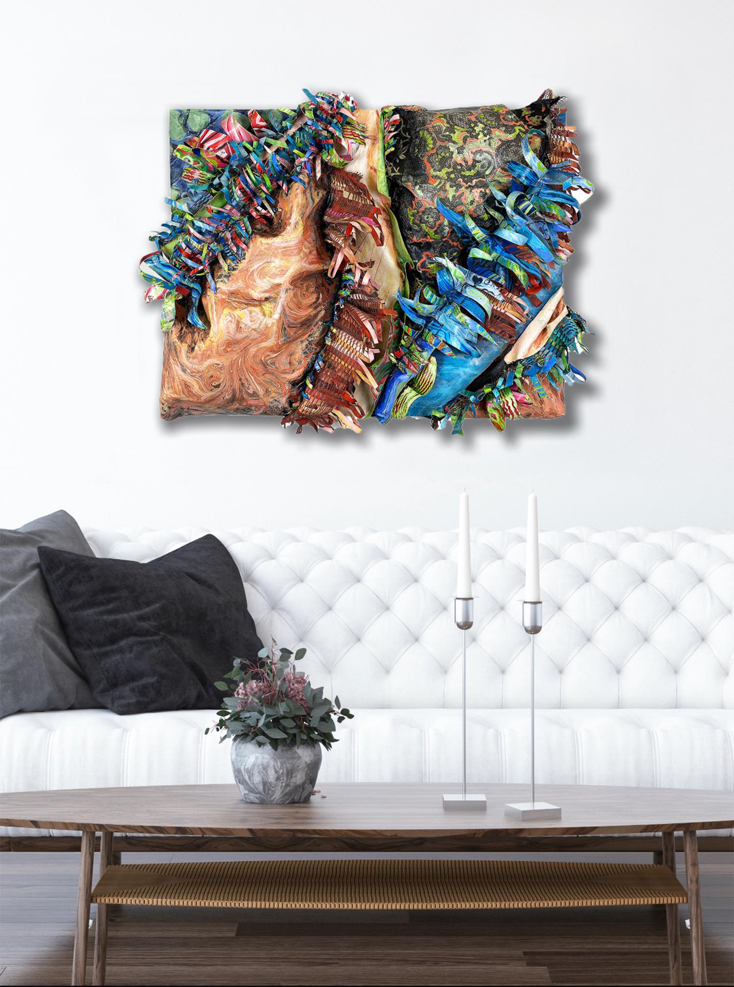 Sculpture meets painting and assemblage in these textural dimensional abstract paintings by Brooklyn based artist Christina Massey. Painstakingly hand stitched and woven together, combining traditional materials such as canvas and acrylic paint with