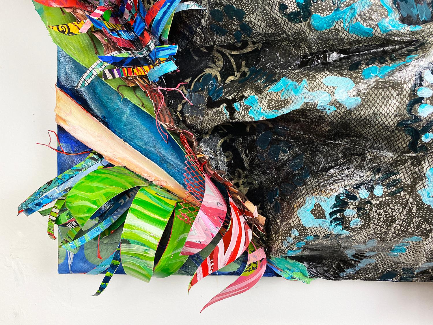 Sculpture meets painting and assemblage in these textural colorful abstract paintings by Brooklyn based artist Christina Massey. Painstakingly hand stitched and woven together, combining traditional materials such as canvas and acrylic paint with