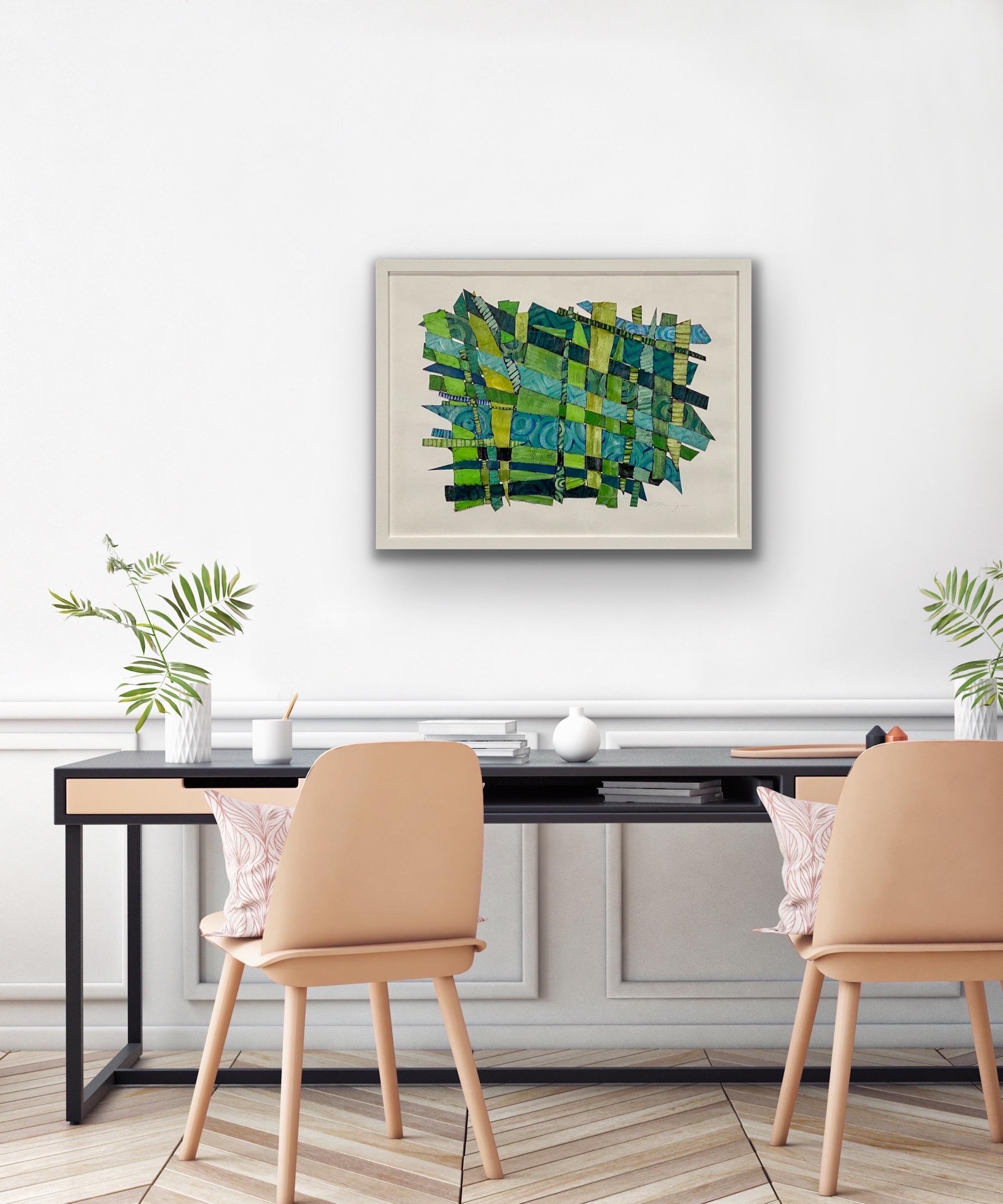 Feeling New, green and teal monochromatic textural woven painting For Sale 2