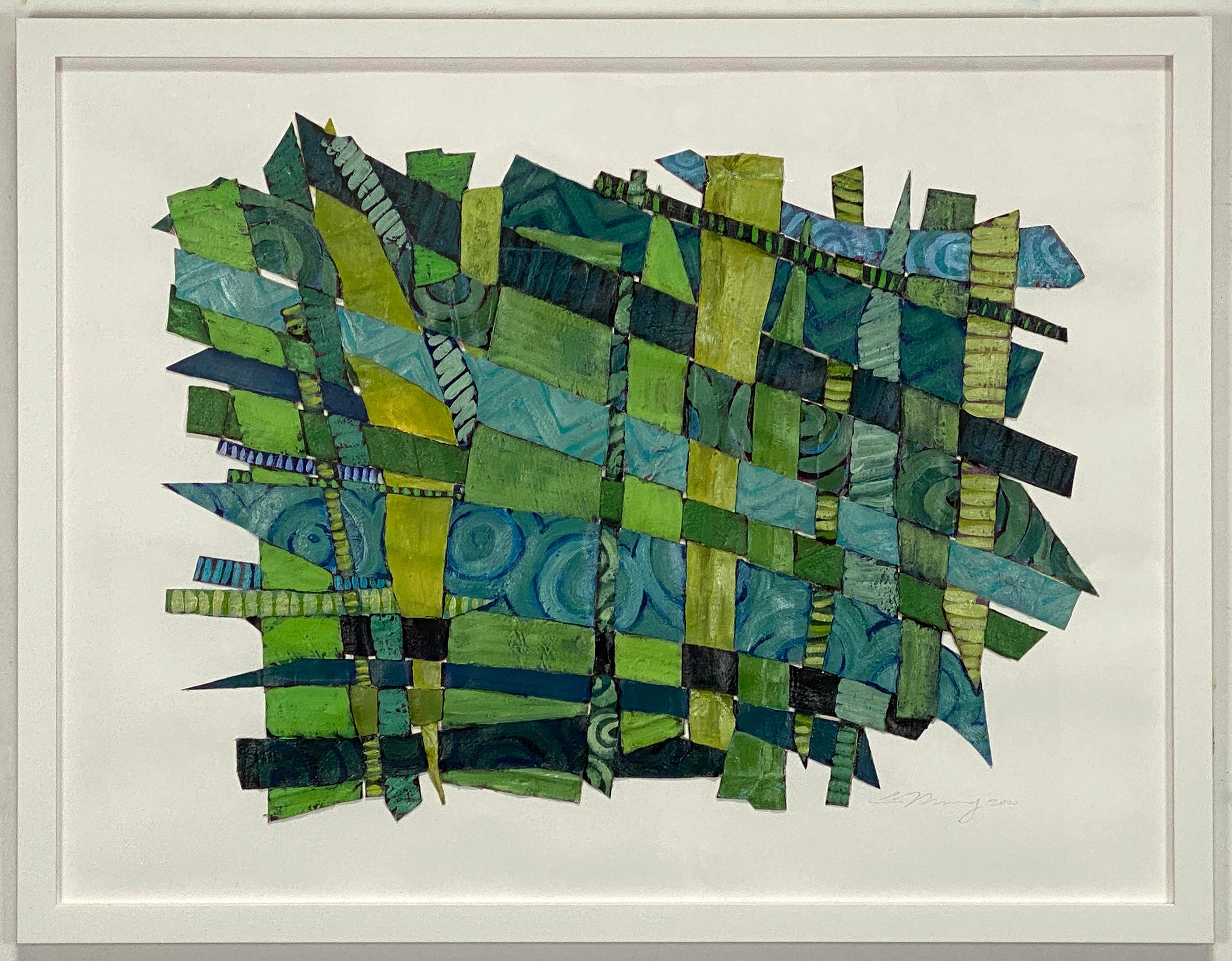 Feeling New, green and teal monochromatic textural woven painting - Painting by Christina Massey