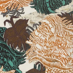 Christina Massey - Abstract botanical linocut collage in orange and teal by Christina Massey Abstract botanical linocut collage in orange and teal by Christina Massey