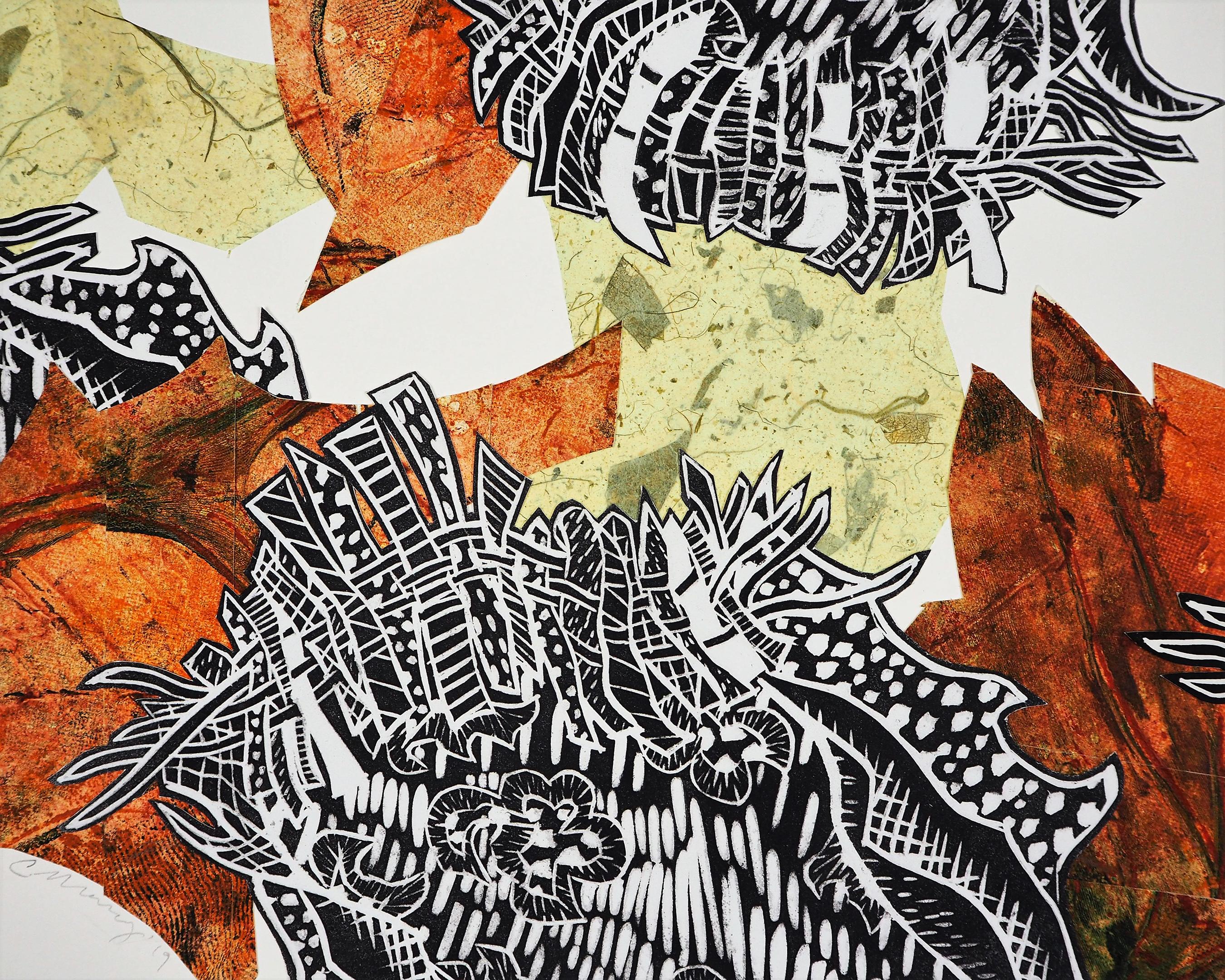 Christina Massey Abstract Print - Monoprint Collage: Autumn Buzz