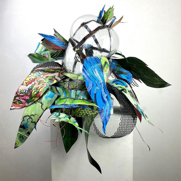 Clairaperennial 4, contemporary glass mixed media botanical abstract plant  - Sculpture by Christina Massey
