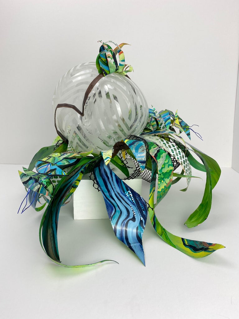 Clairaperennial 5, abstract mixed media glass botanical plant sculpture - Gray Abstract Sculpture by Christina Massey