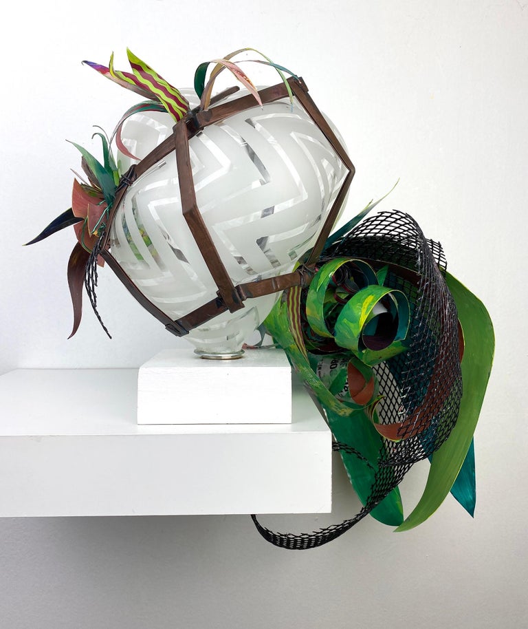 Flirt & Divert, contemporary blown glass mixed media botanical plant sculpture - Gray Abstract Sculpture by Christina Massey