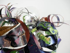 Peacocking, abstract blown glass upcycled mixed media botanical plant sculpture