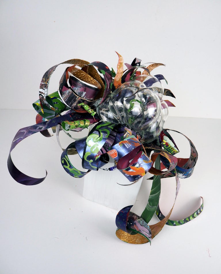 Peacocking, abstract blown glass upcycled mixed media botanical plant sculpture - Contemporary Sculpture by Christina Massey