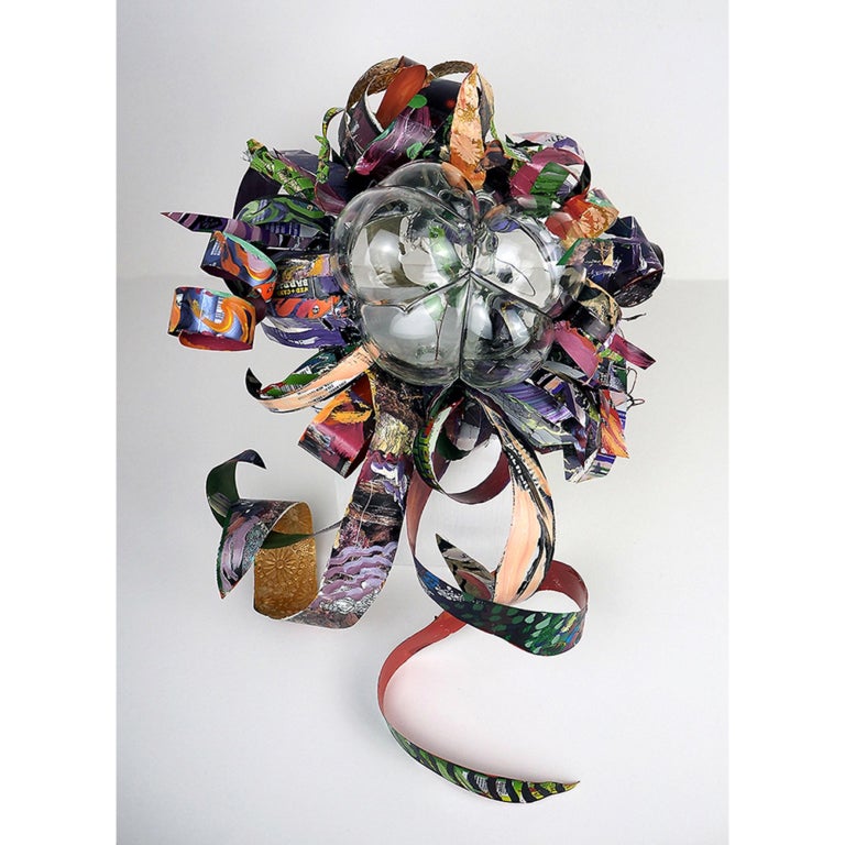 Christina Massey Abstract Sculpture - Peacocking, abstract blown glass upcycled mixed media botanical plant sculpture