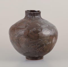 Christina Muff, contemporary Danish artist. Unique stoneware vase with carvings.