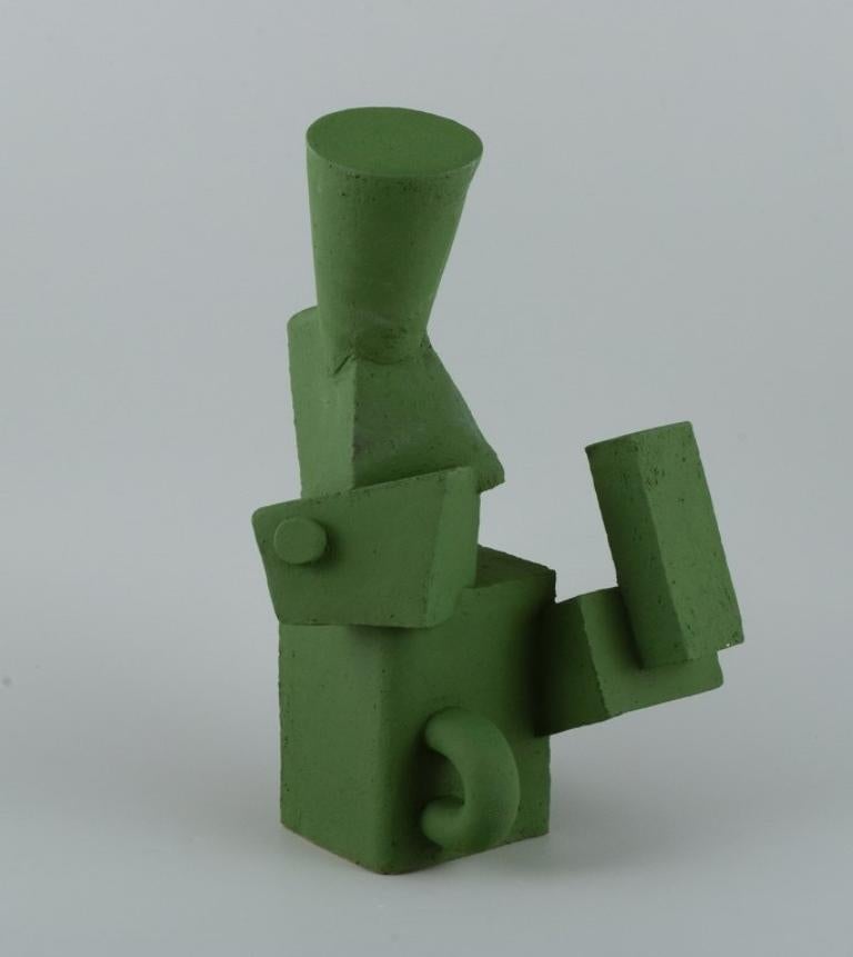 Glazed Christina Muff, unique cubist stoneware sculpture in matte grass green glaze.  For Sale