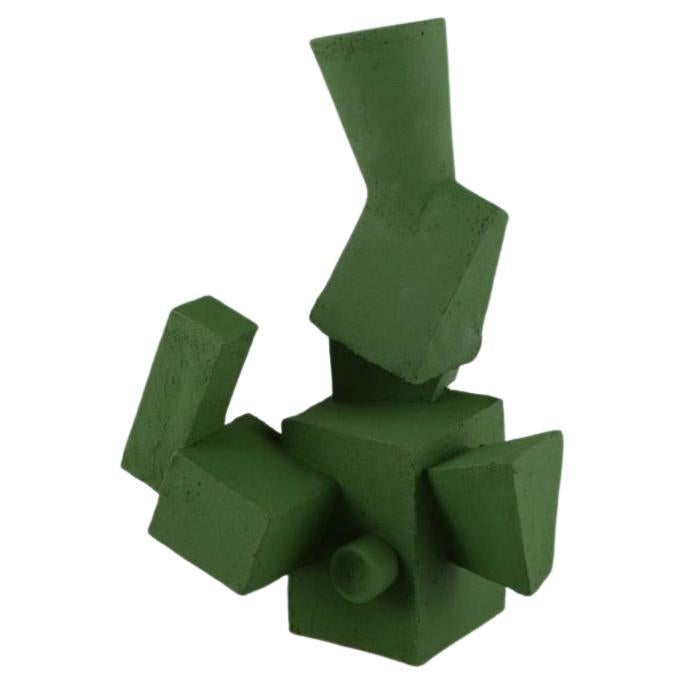 Christina Muff, unique cubist stoneware sculpture in matte grass green glaze.  For Sale