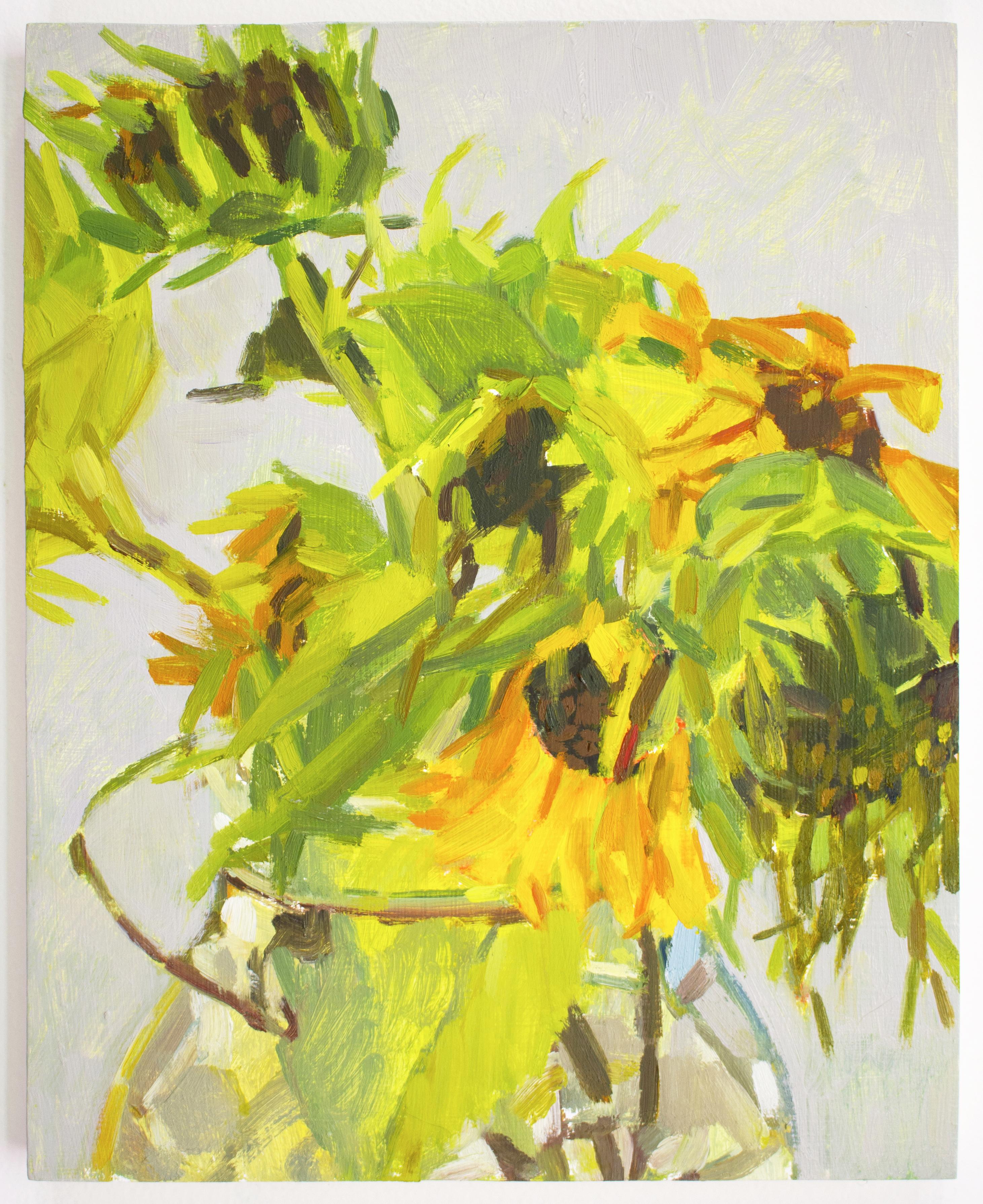 'Fading Sunflowers' - still life - floral, botanical, impressionism - Painting by Christina Renfer Vogel