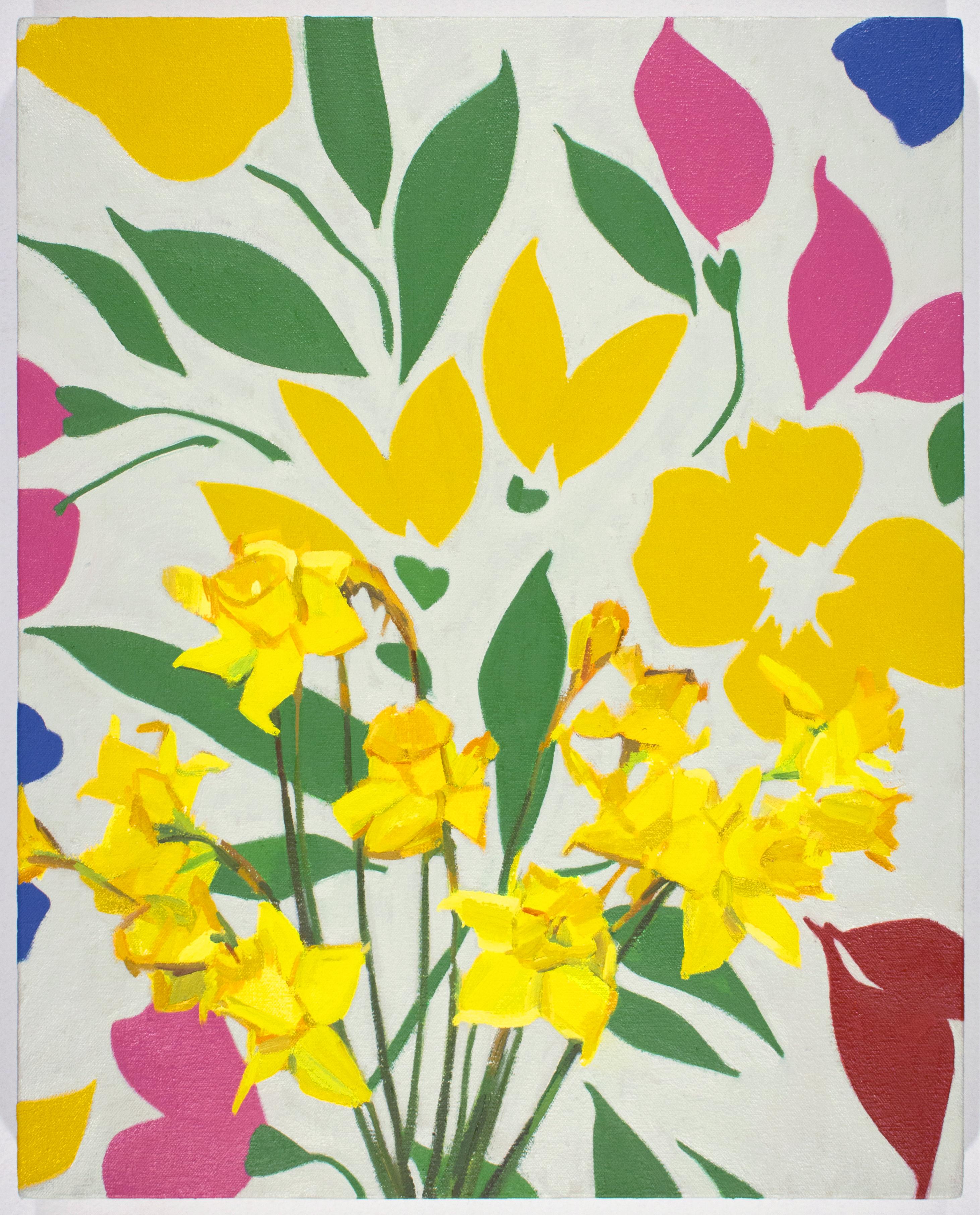 'Hopeful Daffodils' - still life - floral, botanical, pattern, bright colors - Painting by Christina Renfer Vogel