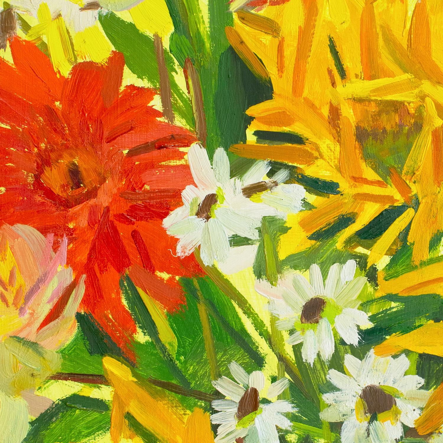 « Joyful Blooms » (Flèches partielles) - nature morte - fauve - floral - iris - Jaune Abstract Painting par Christina Renfer Vogel
