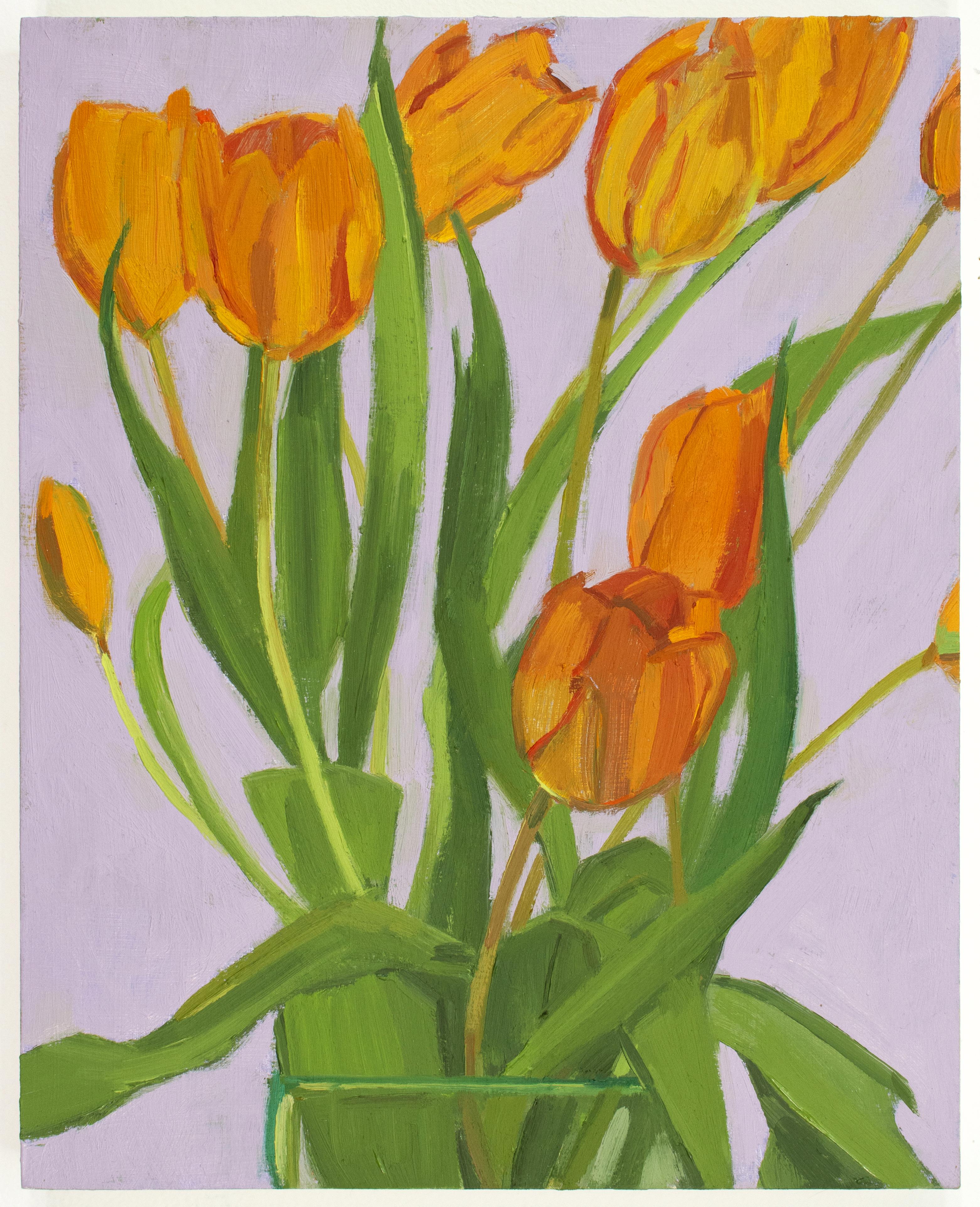 'Orange Tulips' - still life - floral, botanical, naturalism, bright colors - Painting by Christina Renfer Vogel