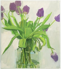 'Purple Tulips' - still life - floral, botanical, naturalism, white background