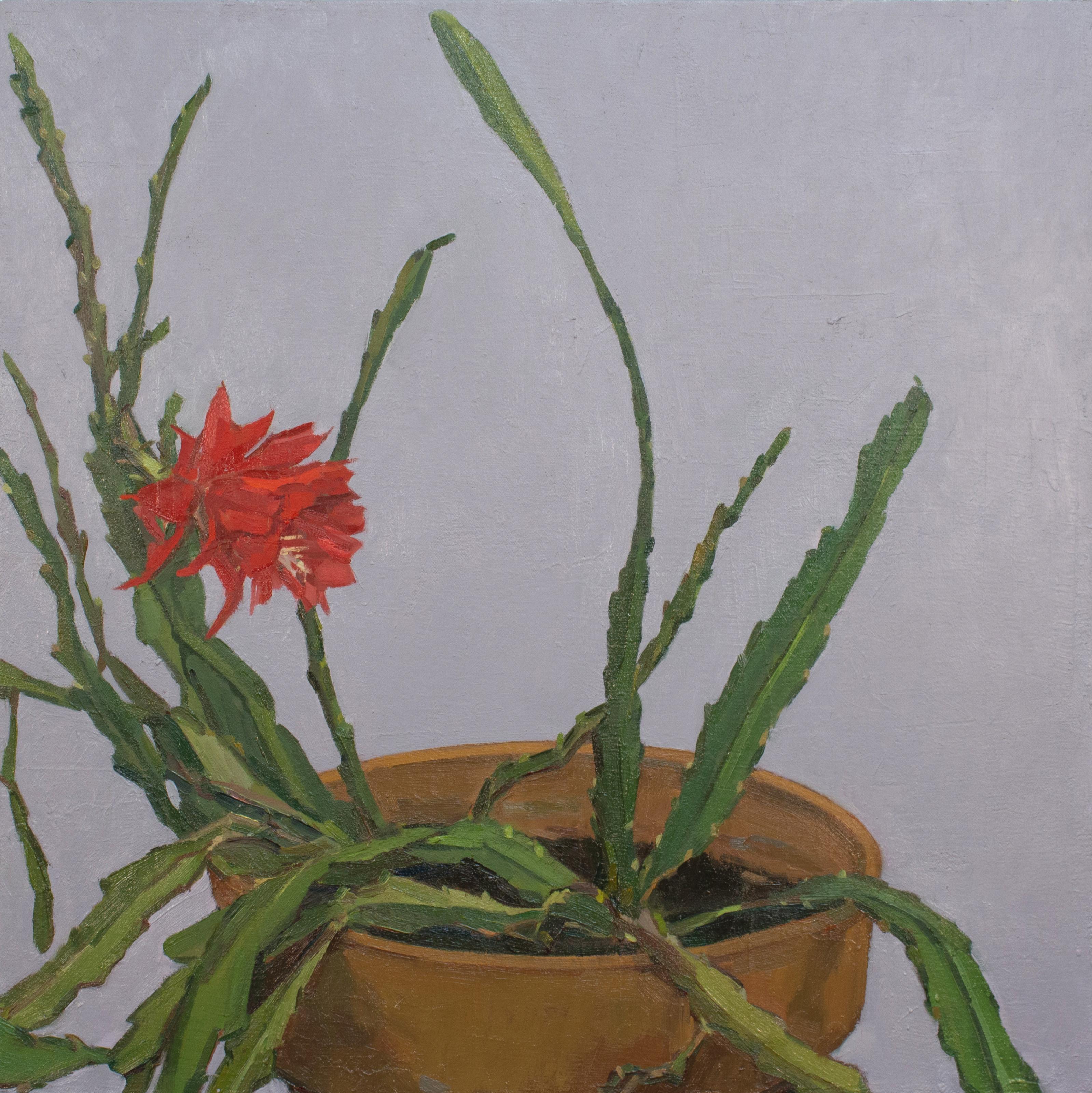 Abstract Painting Christina Renfer Vogel - « Studio Bloom » - nature morte - florale, botanique, naturalisme, pop of red