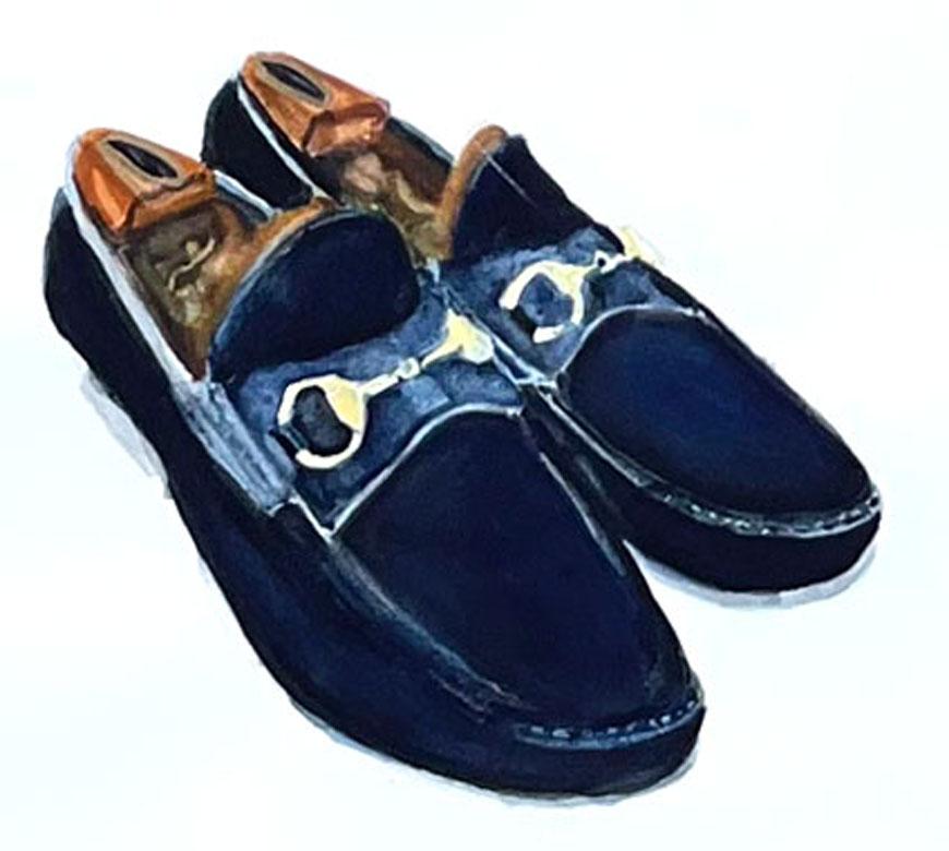 Vintage Blue Suede Gucci Loafers Watercolor Painting
Not Framed
Watercolor on 140 lb. Arches Aquarelle hot press watercolor paper.

About the Artist
Christina Ruggieri grew up between Manhattan and Eastern Long island. Aside from a few watercolor