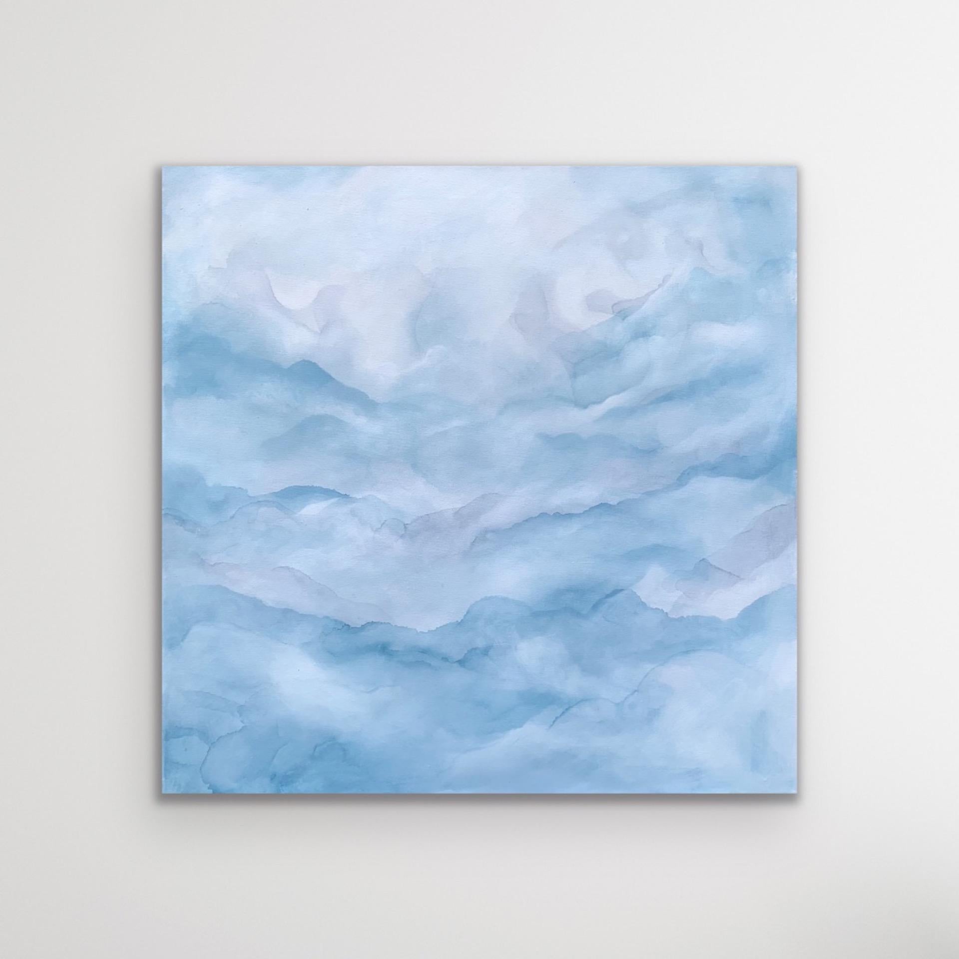 This original abstract painting on canvas is called Silence. Calming layers of inks overlap and are punctuated with white and grey billowing lines. This abstract painting, is calming, allowing you a moment of silence and tranquility. The physical