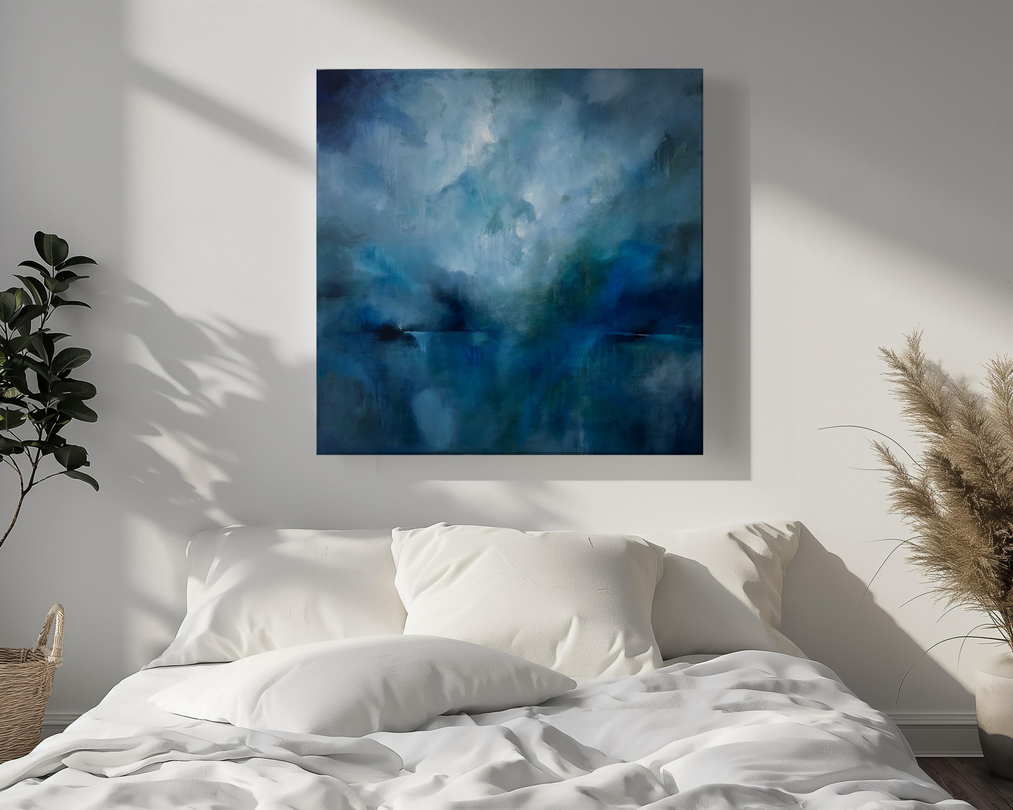 Neblina sin título, Pintura original, Arte abstracto, Calmante, Acrílico sobre lienzo, Azul - Painting de Christina Sadler