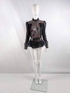 Christina Stambolian Vintage 80s Black Sheer Georgette Sequin Blouse, 1980s