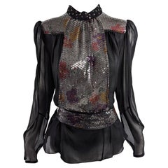 Christina Stambolian Vintage 80s Black Sheer Georgette Sequin Blouse, 1980s