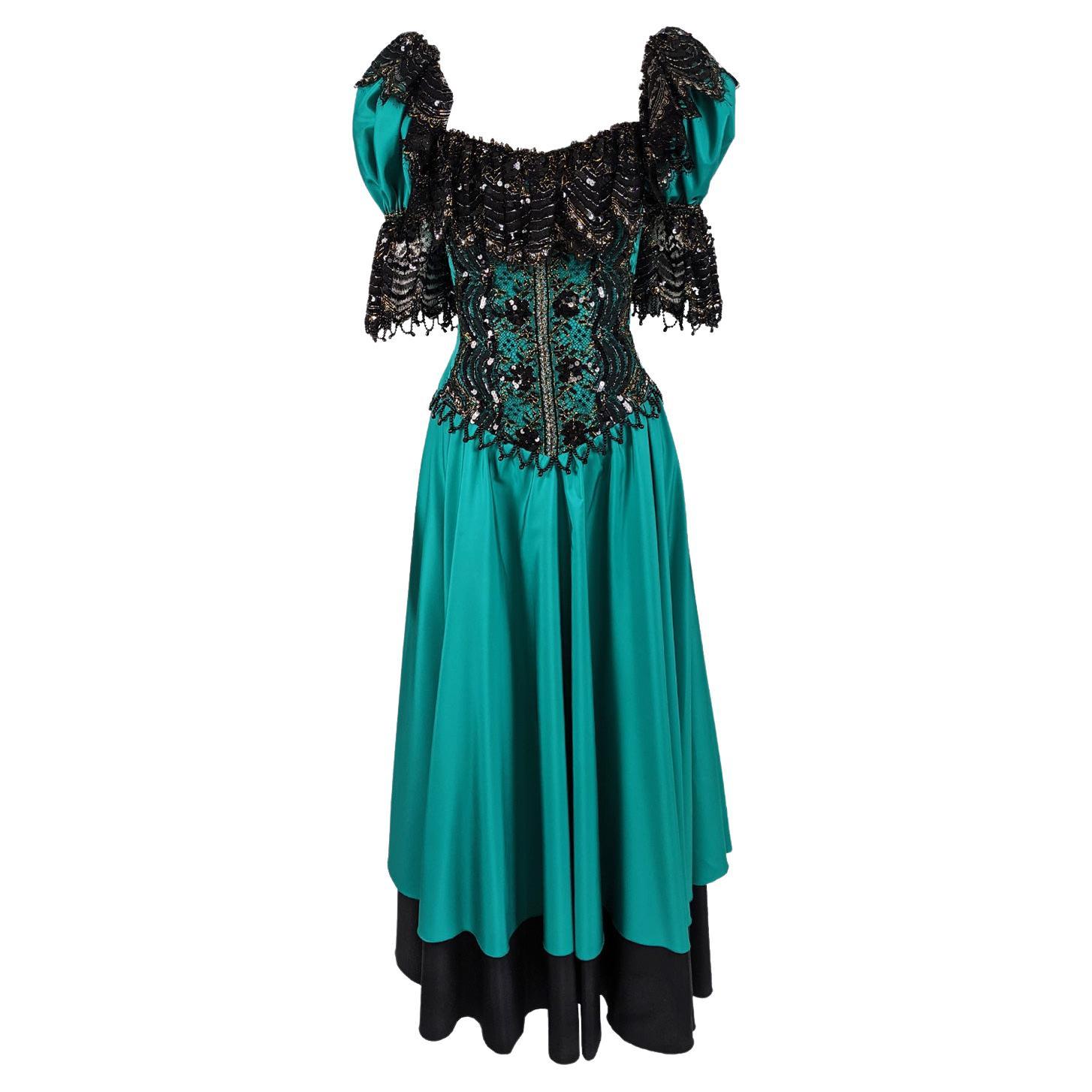 Christina Stambolian Vintage 80s Taffeta Black Beaded Lace Ball Gown Dress