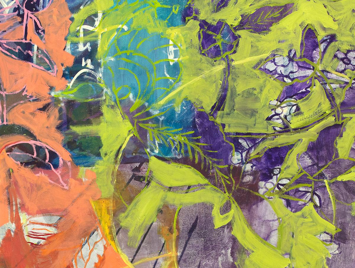 Questo quadro astratto contemporaneo è pieno di colori vivaci come l'arancione, il corallo, il rosso, il viola e il verde lime. Le forme organiche e le strisce di questo pezzo forte si uniscono per creare quello che sembra un giardino tropicale