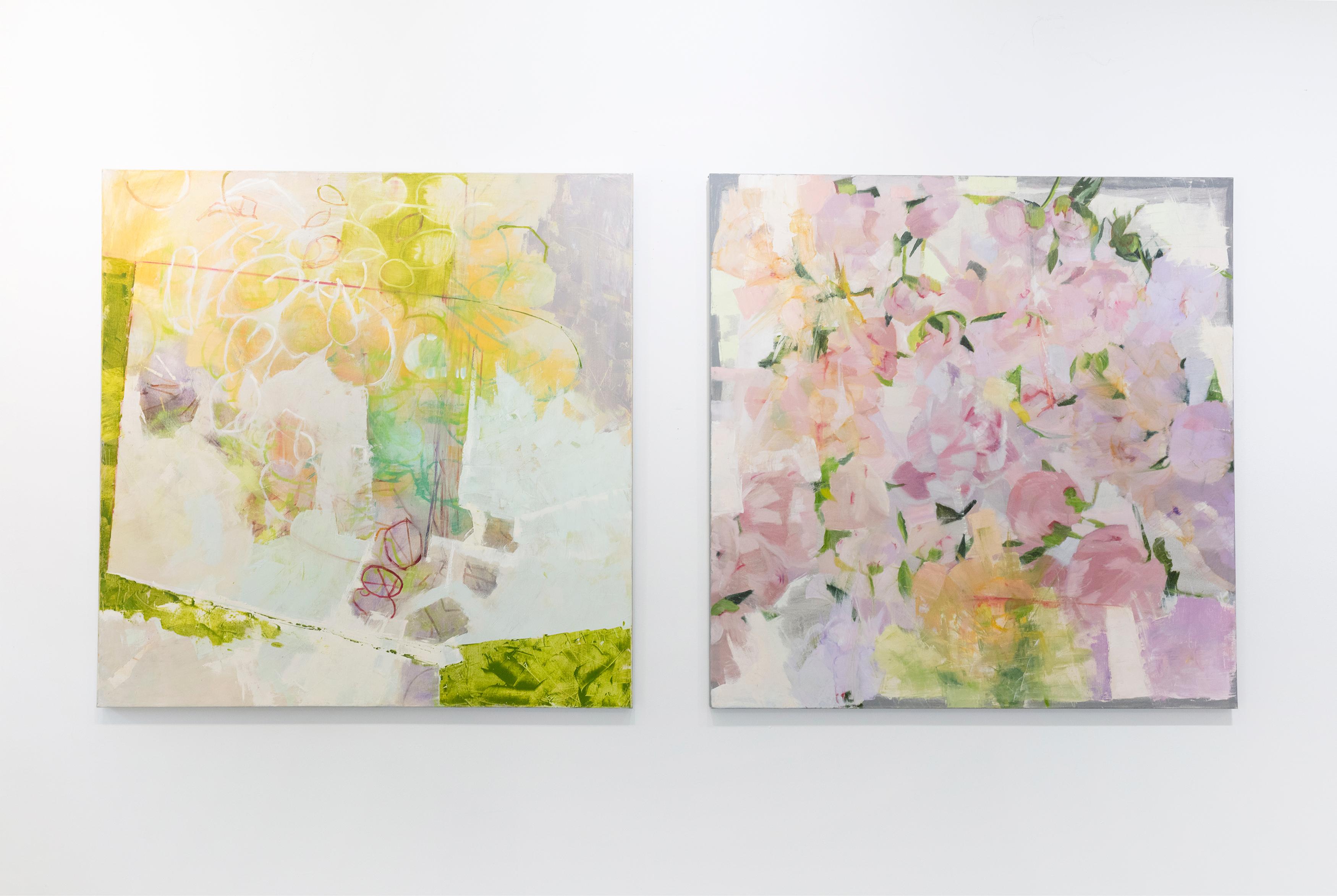 This abstract painting by Christine Averill-Green is a beautiful floral interpretation. Filled with soft pinks, highlights of green and splashes of yellow, it has a subtle, romantic feel. It is wired and ready to hang. 

Averill-Green has been