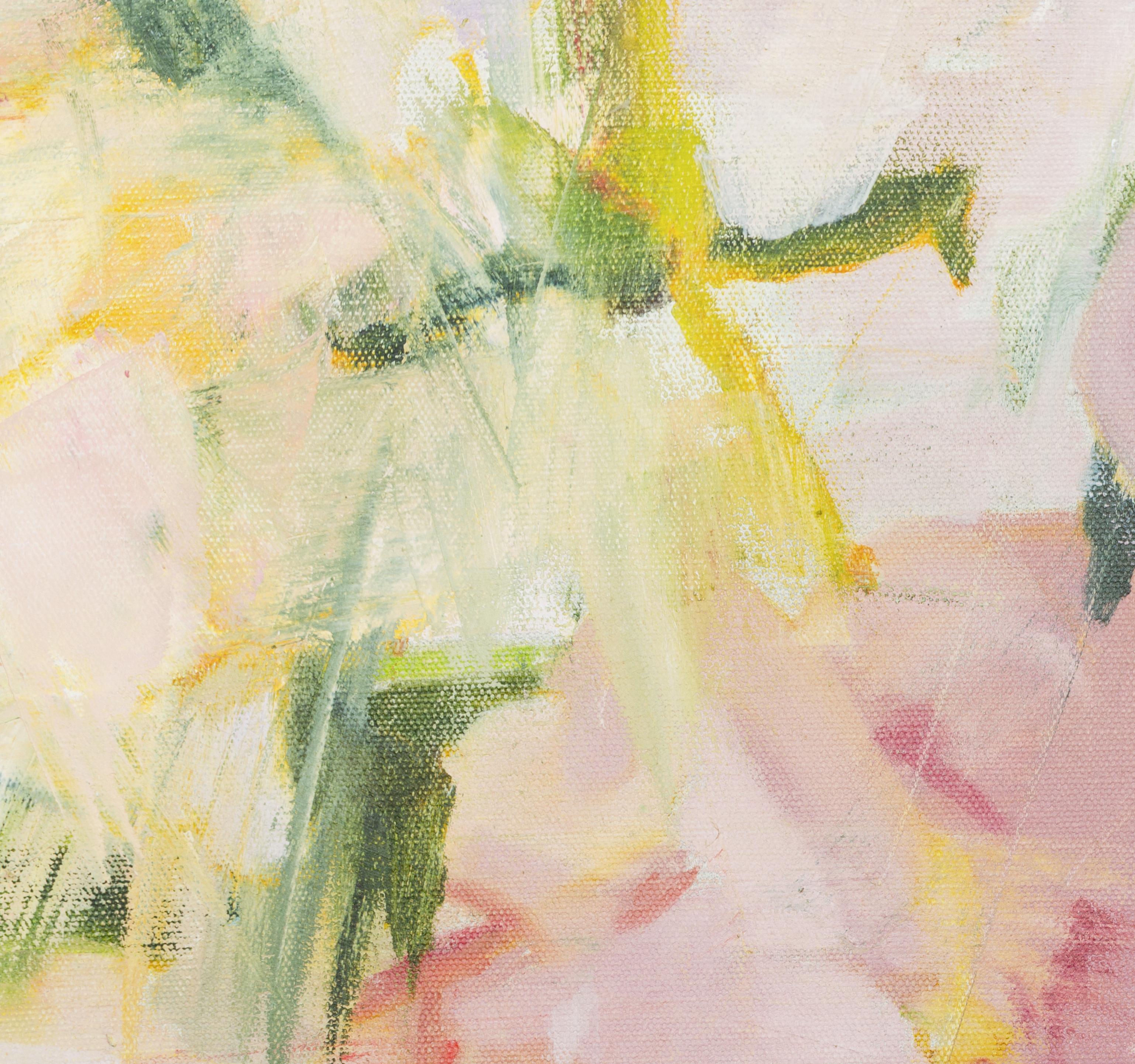 This abstract painting by Christine Averill-Green is a beautiful floral interpretation. Filled with soft pinks, highlights of green and splashes of yellow, it has a subtle, romantic feel. It is wired and ready to hang. 

Averill-Green has been