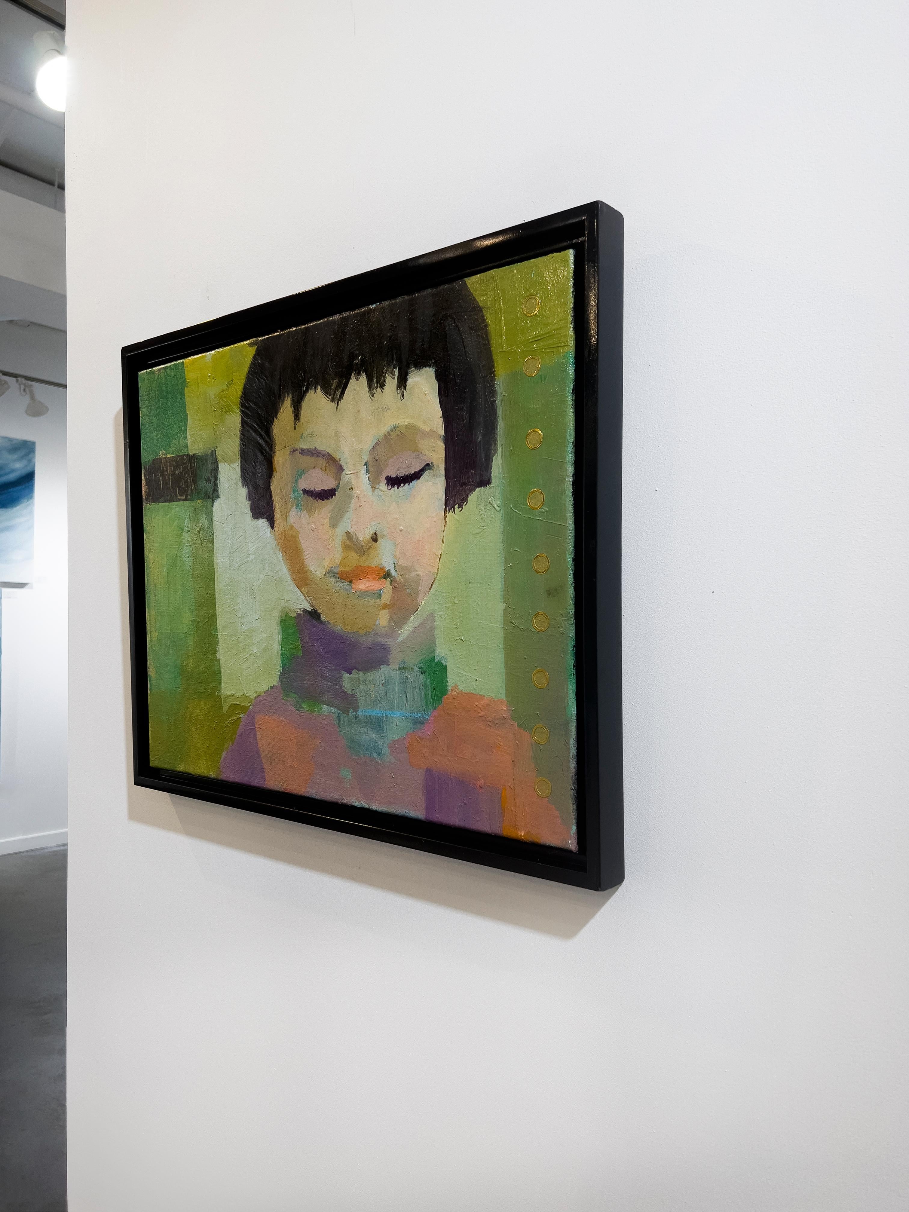 This abstract portrait painting by Christine Averill-Green is made with oil paint on canvas. It captures a child with dark hair, wearing a warm purple and pink sweater in front of an abstracted green and gold background. The painting itself is 16