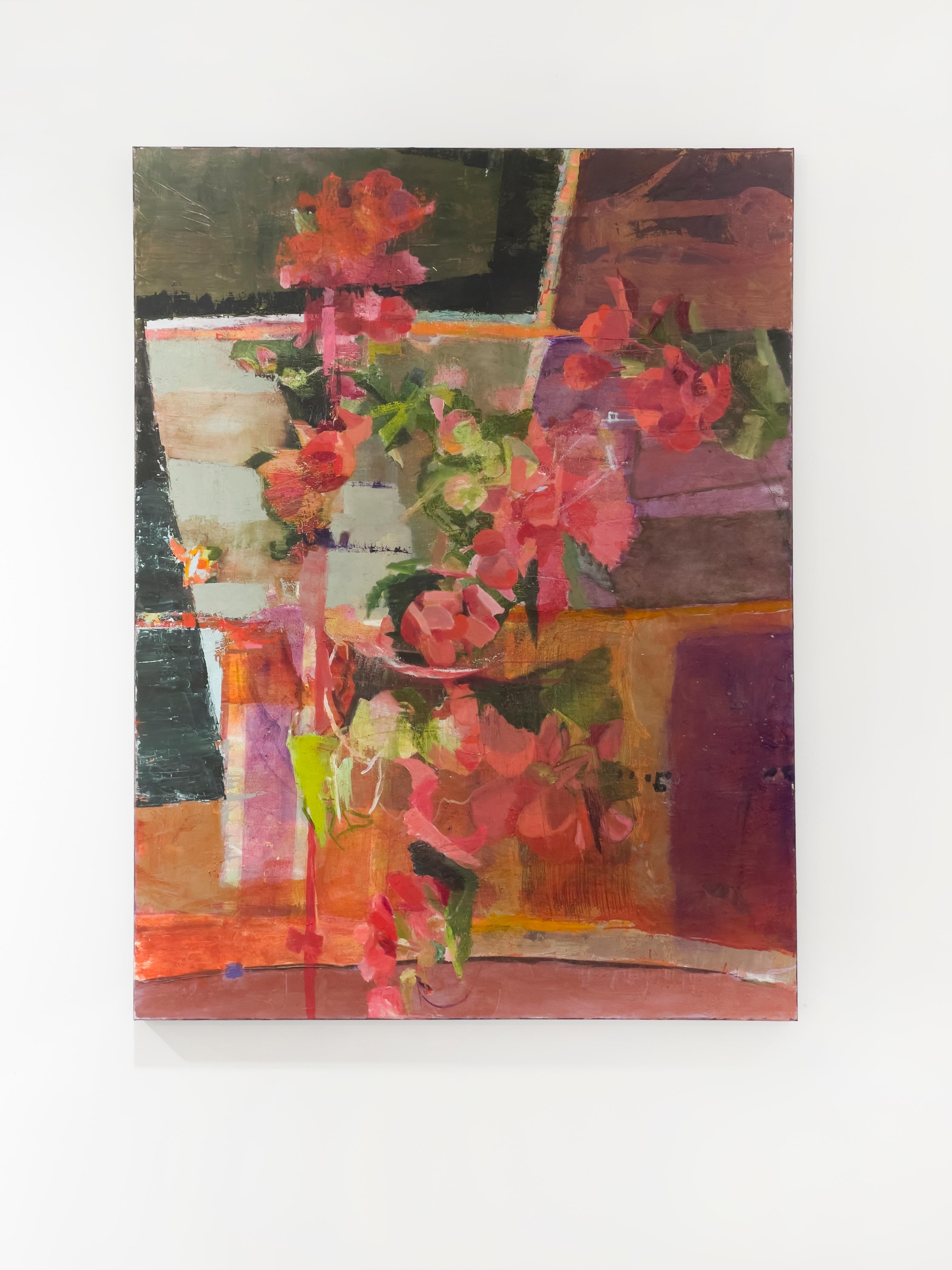 This large abstract floral painting by Christine Averill-Green is an oil painting made on gallery-wrapped canvas. Pink and green panes of color are clustered together to create the subtle highlights and shadows of a floral arrangement, overtop of a